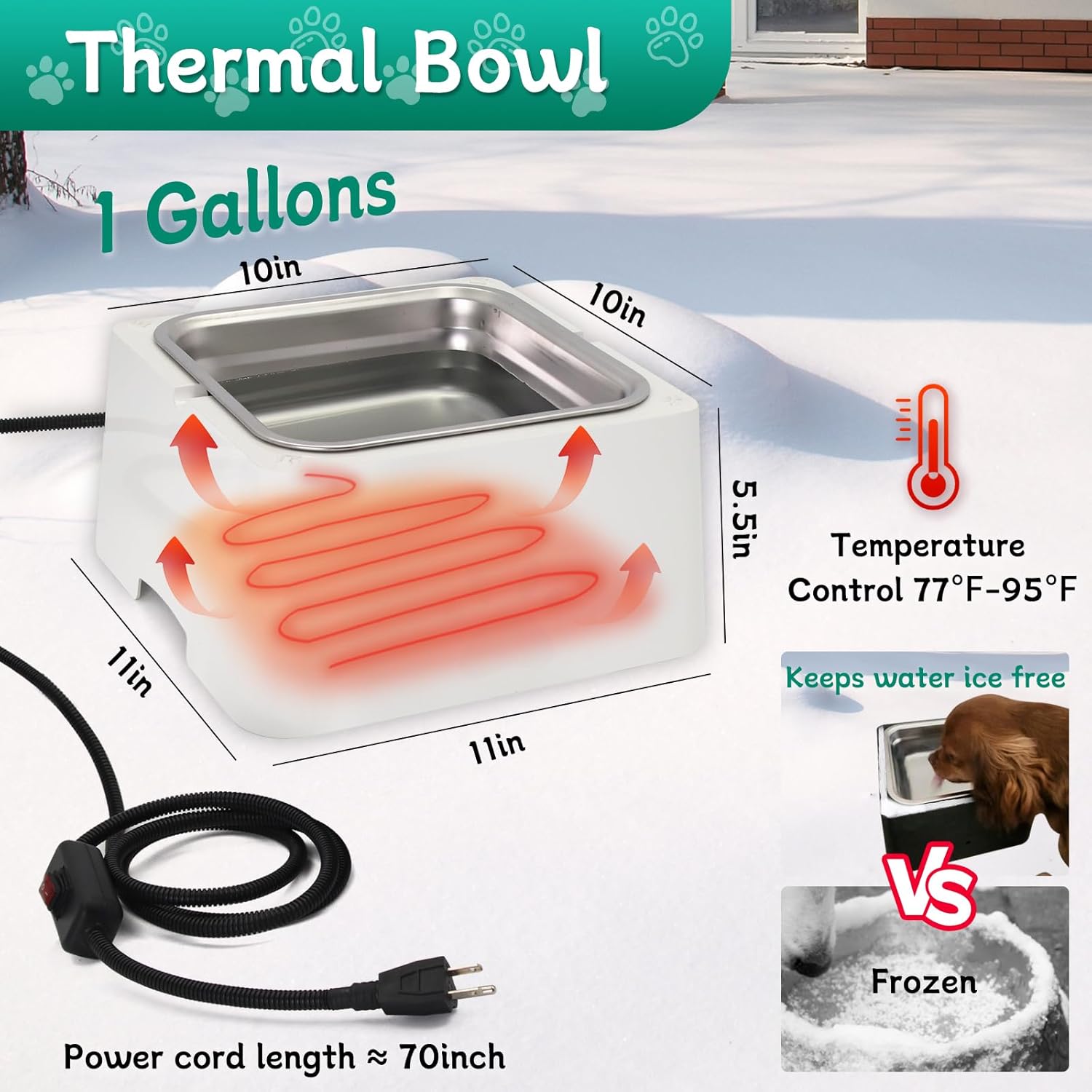 Large Heated Water Bowl for Outdoor Dog & Cat, Outside Animal Waterer With Removable Stainless Bowl, No Freeze Pet Dish for Rabbit, Chicken, Poultry, Squirrel