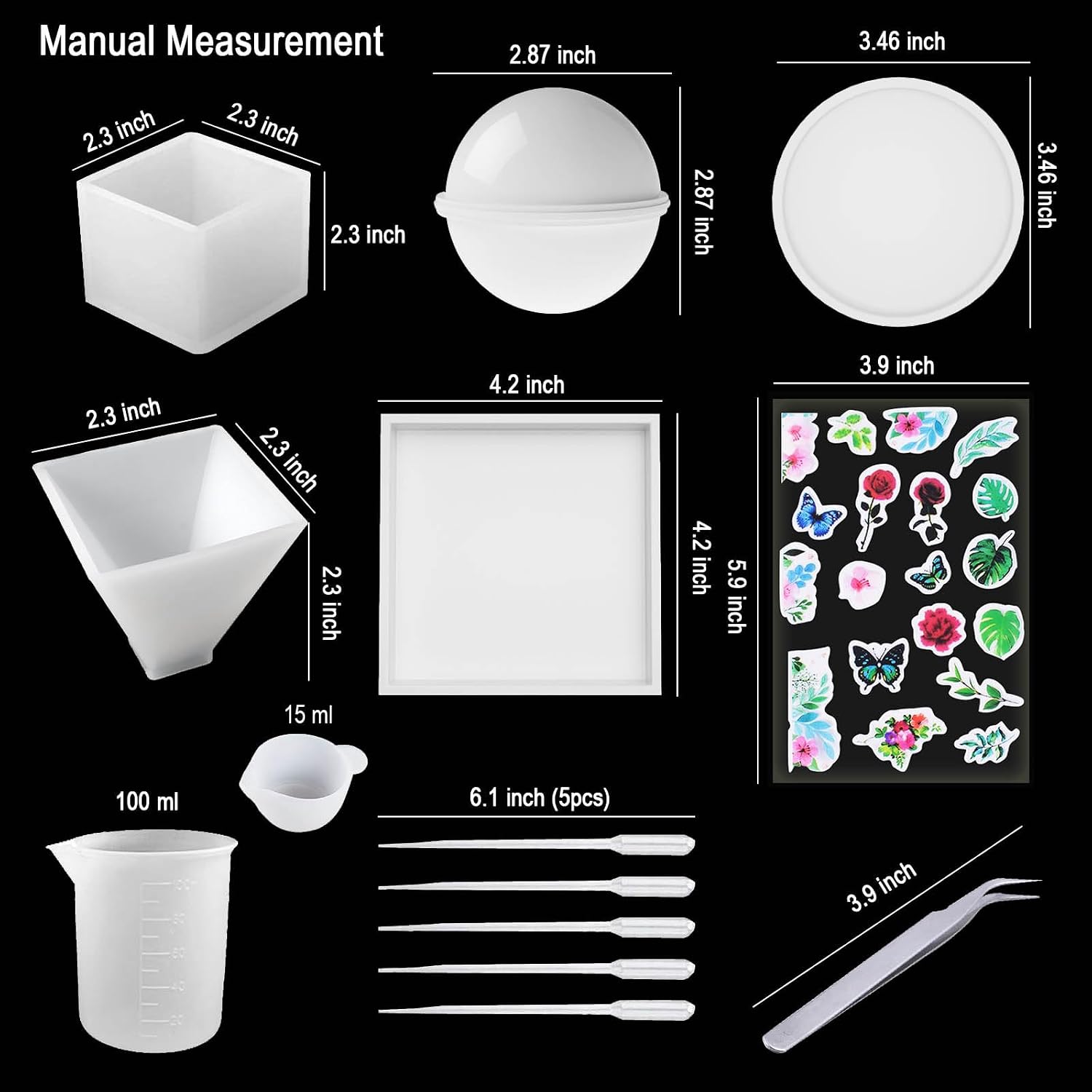Resin molds Kits for Beginner, Silicone Molds for Epoxy Resin Casting, Including Sphere, Cube, Pyramid and 2pcs Coaster Moulds-Round, Square, DIY Tools Set and Decorative Materials
