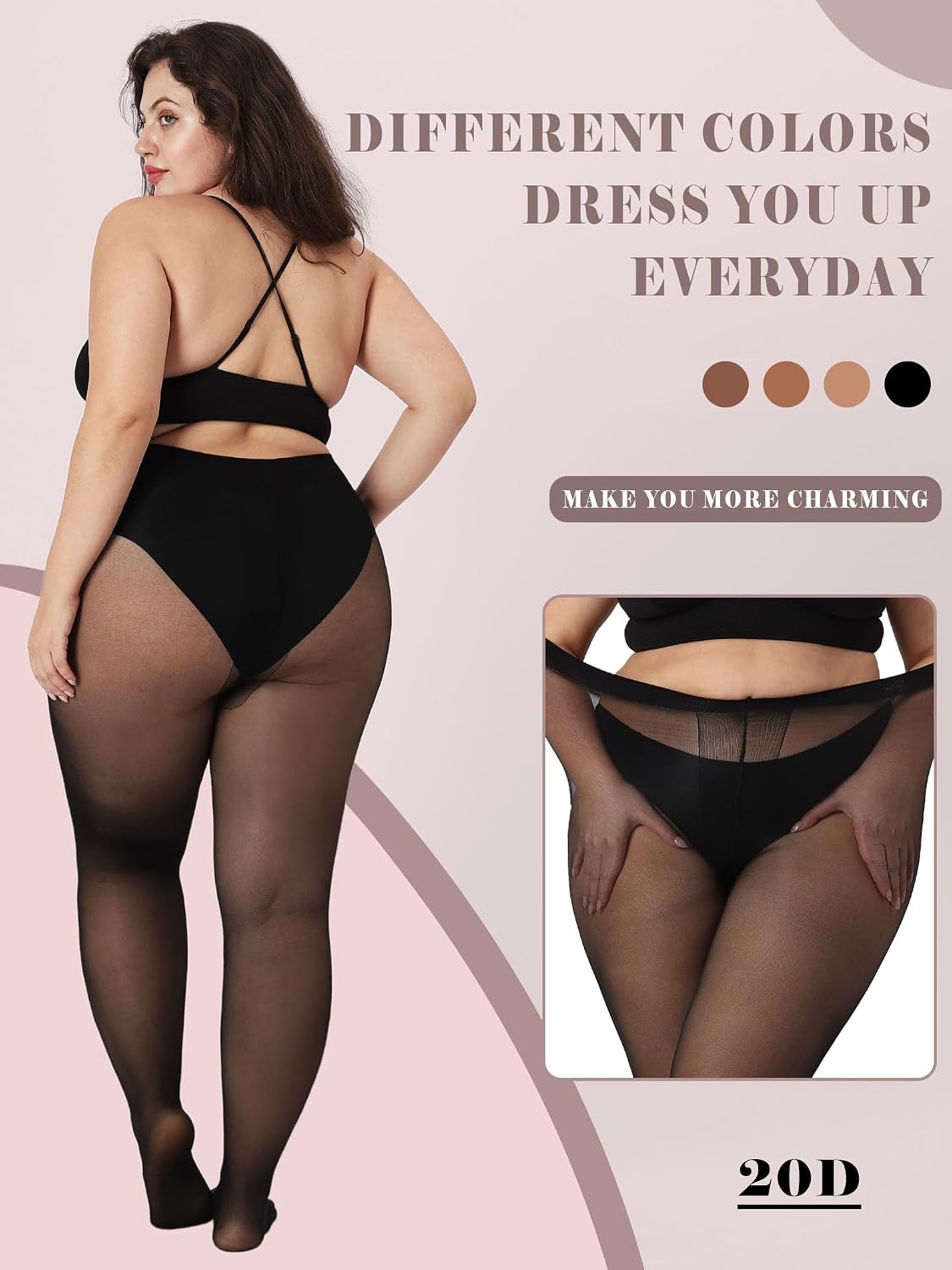 Plus Size Sheer Tights for Women T-Crotch 20D Stockings Ultra Thin Pantyhose Reinforced Toes