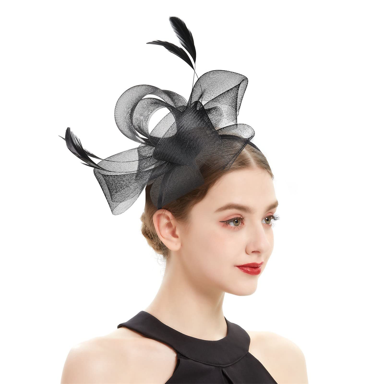 Norhogo Affascinante Cappello Con Fiore In Rete E Piume - Fascinator Elegante Per Matrimonio, Tea Party E Cocktail, Donna - 4