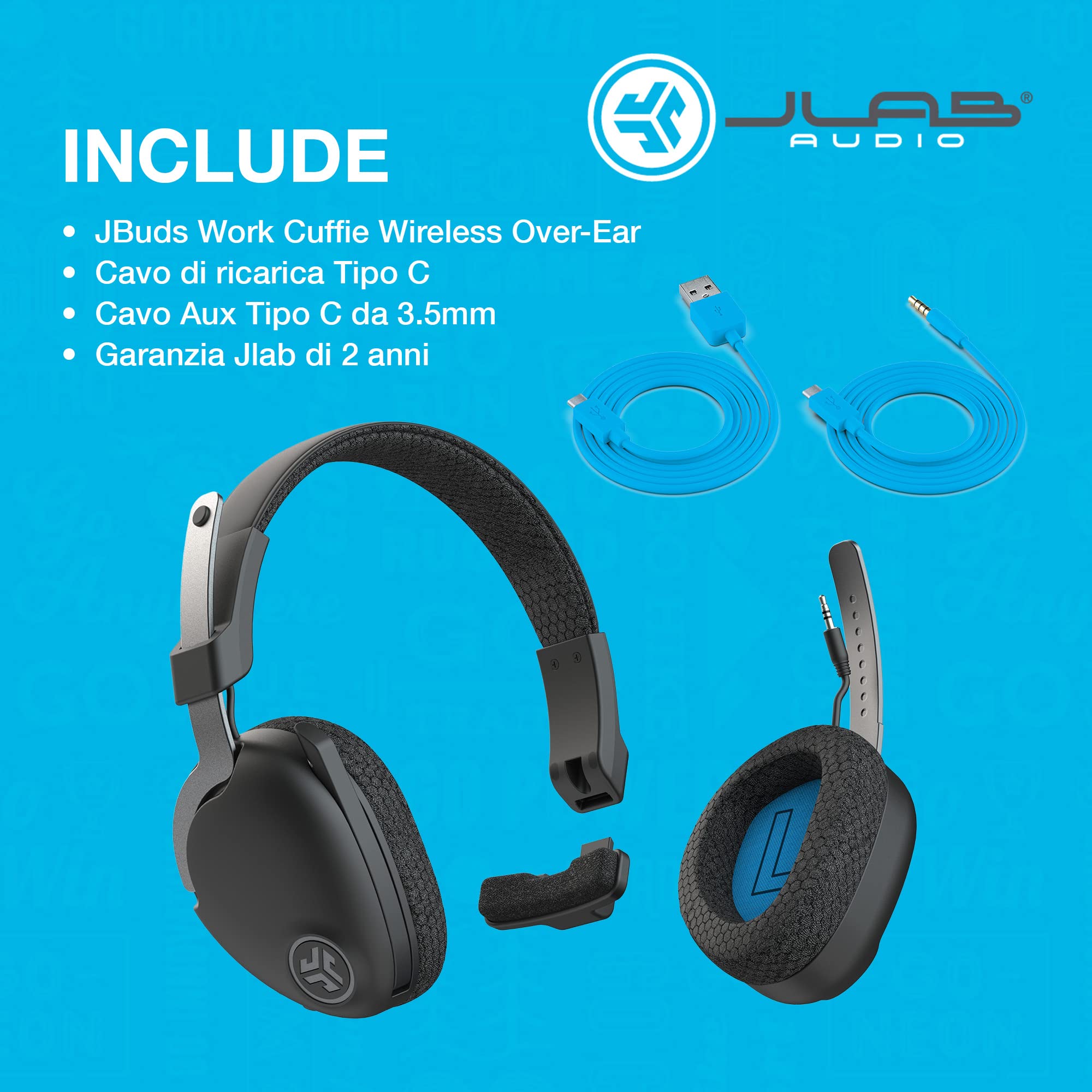 JLab JBuds Work Cuffie Wireless con Microfono - over-ear 60+h | Cuffie per Computer, Cablate o Wireless, Auricolare Bluetooth Multipunto per Laptop, Squadre, Ufficio