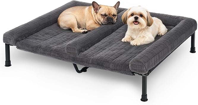 Veehoo Fluffy Plush Double Dog Couch Bed for Two Medium Dogs, Washable Elevated Dog Beds with Removable Bolster Cushion, Cool