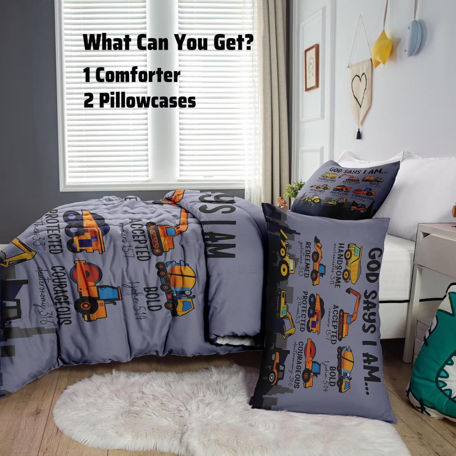 Boys Kids Construction Truck Comforter Set Twin Size,3 Piece Bed in a Bag Cars Excavators Tractor Bedding Set Construction Christian Spirational Comforter with 2 Pillowcases Gray - Image 4