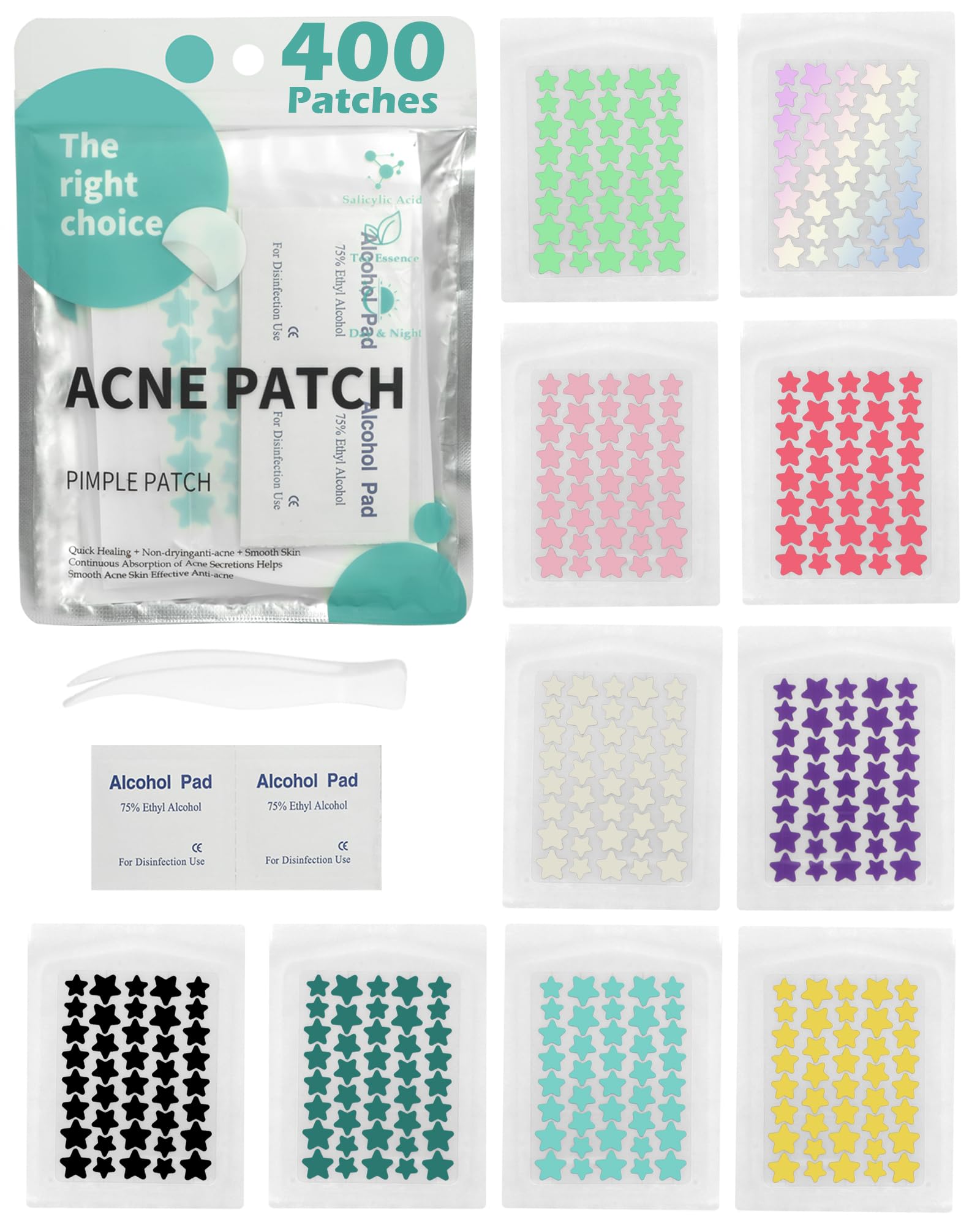 400 Pezzi Cerotti Brufoli, Pimple Patch Brufoli, Stelline Invisibili Idrocolloide Acne Pimple, 2-In-1 Cerotti Per Brufoli Viso con 10 Tamponi Imbevuti di Alcol e Pinzette