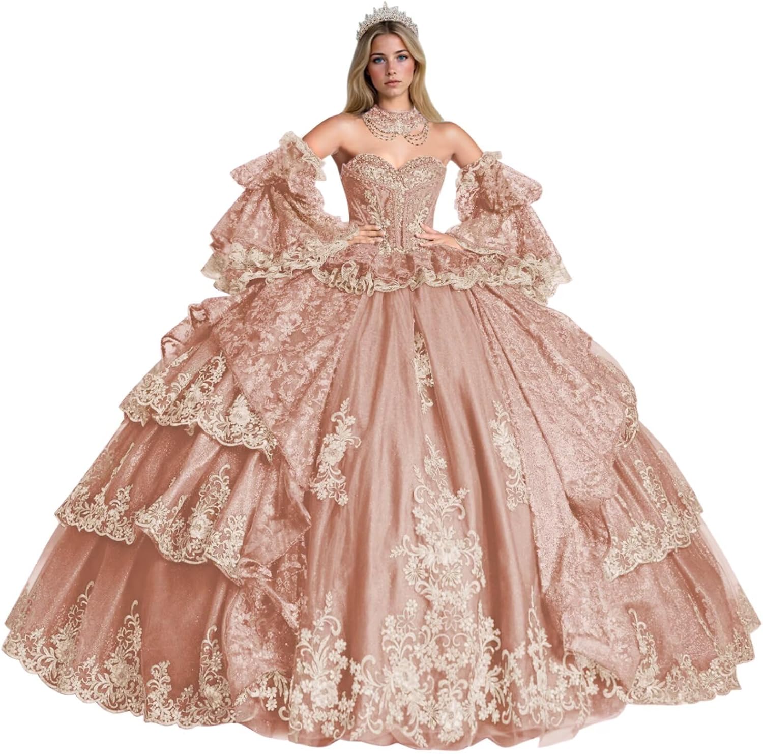 Zhangyo Puffy Tulle Quinceanera Dresses with Sleeves Luxury Tiered Tulle Sweet 15 16 Dresses Sparkly Lace Beaded Ball Gown