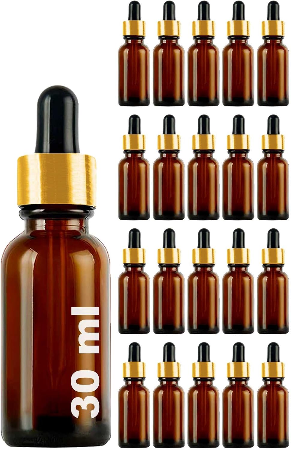 Afracam 30 ml Metal Kapaklı Damlalık Dropper Şişesi Serum 30 cc Cam Şişe 20 Adet (Siyah Lastik | Altın Kapak, Amber/Kahverengi)