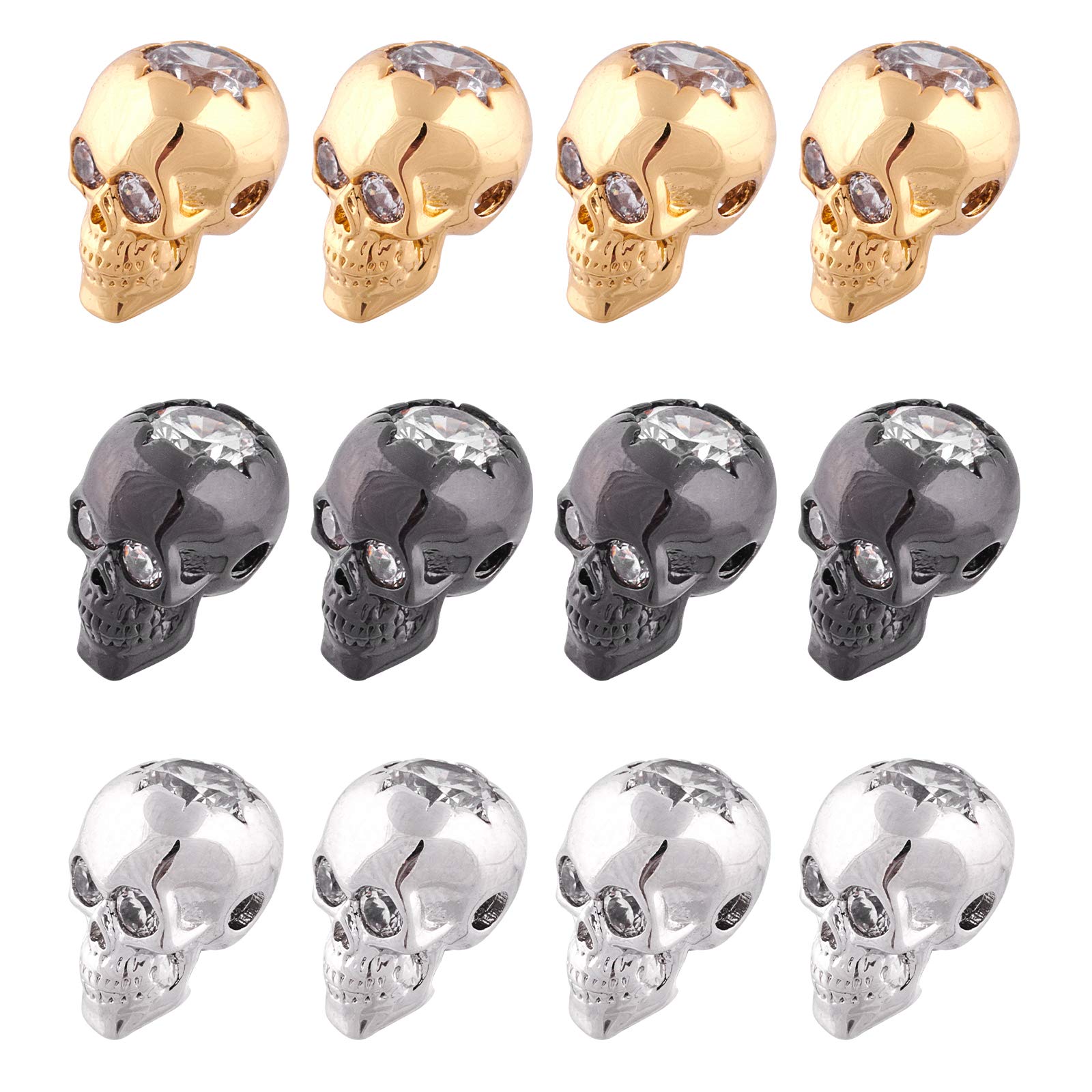 NBEADS 12 Pcs 3 Colors Skull Beads Cubic Zirconia Skull Spacer Beads Micro Pave CZ Crystal Skull Skeleton Beads for Bracelet Necklace Jewelry Making,12.5x9x10mm