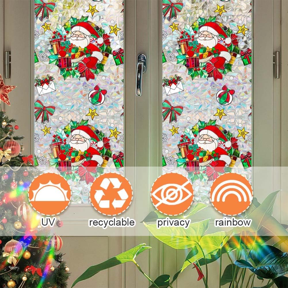 JOONOR Retro Christmas Window Privacy Film,Stained Glass Window Film Christmas Santa Claus Privacy Rainbow Decals Living Room Sun Blocking Decor Removable Static Cling Stickers,16.93 x 39.37 Inch image 3
