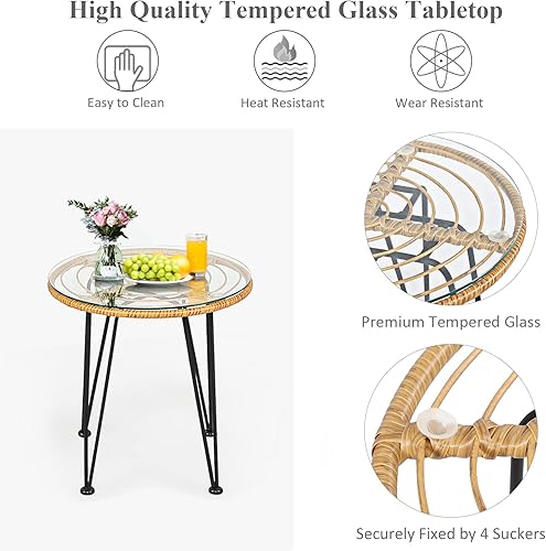 Miniatura 7 de Tangkula Juego de 3 piezas de patio bistró, juego de conversación de ratán con 2 sillones acolchados y mesa de centro redonda de vidrio, juego de