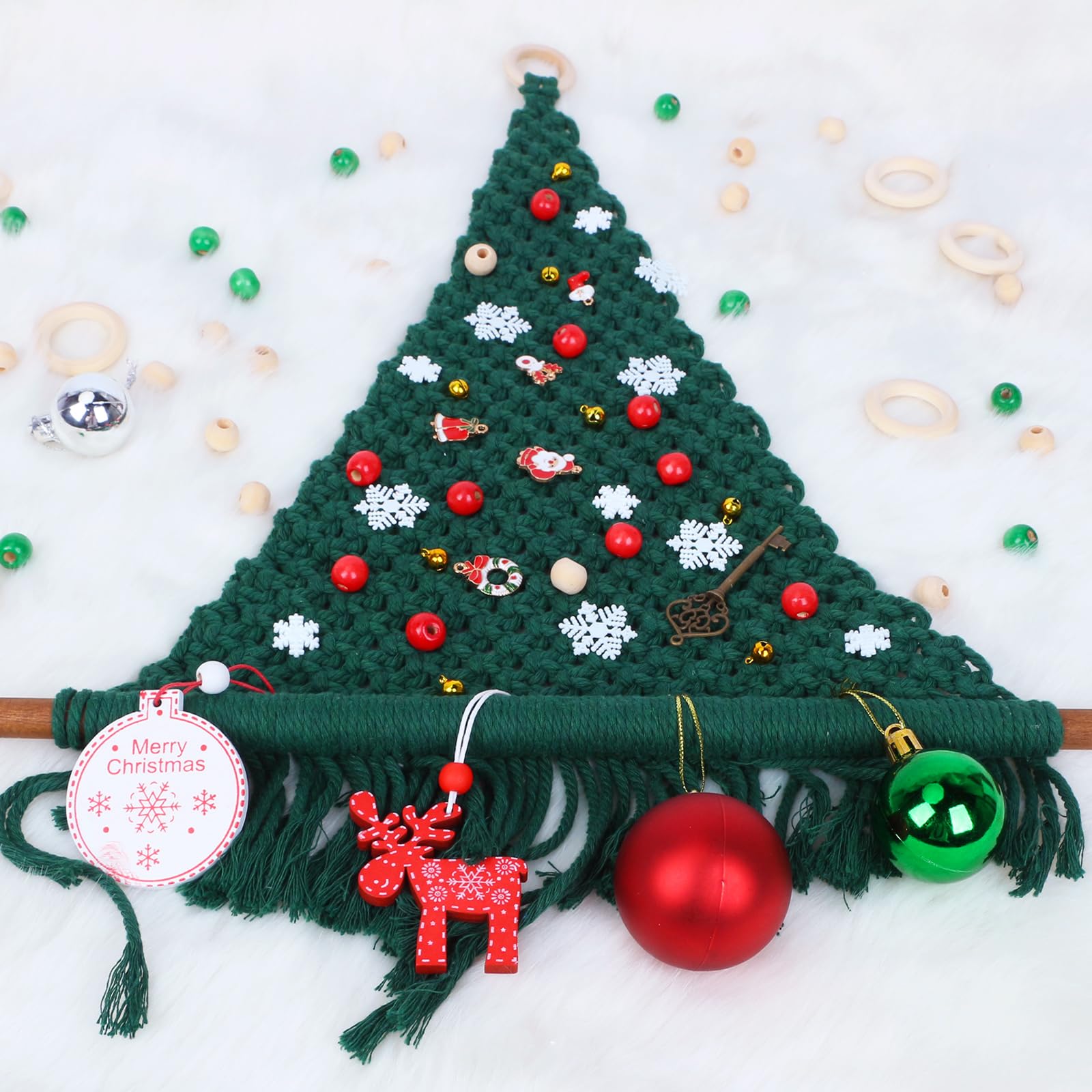 UHAPEER Kit macramè per Natale, 150 m, kit macramè per principianti adulti con istruzioni/video, cotone naturale, anello/bastone in legno, kit macramè per albero di Natale, decorazione albero di