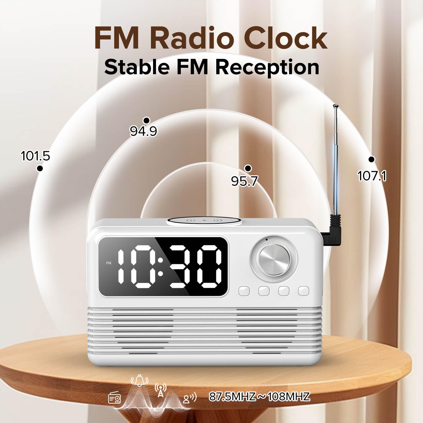 Chargeur sans fil rapide 15 W avec haut-parleur Bluetooth et radio-réveil, station de charge sans fil 4 en 1 pour iPhone, téléphones Android avec radio FM pour chambre à coucher