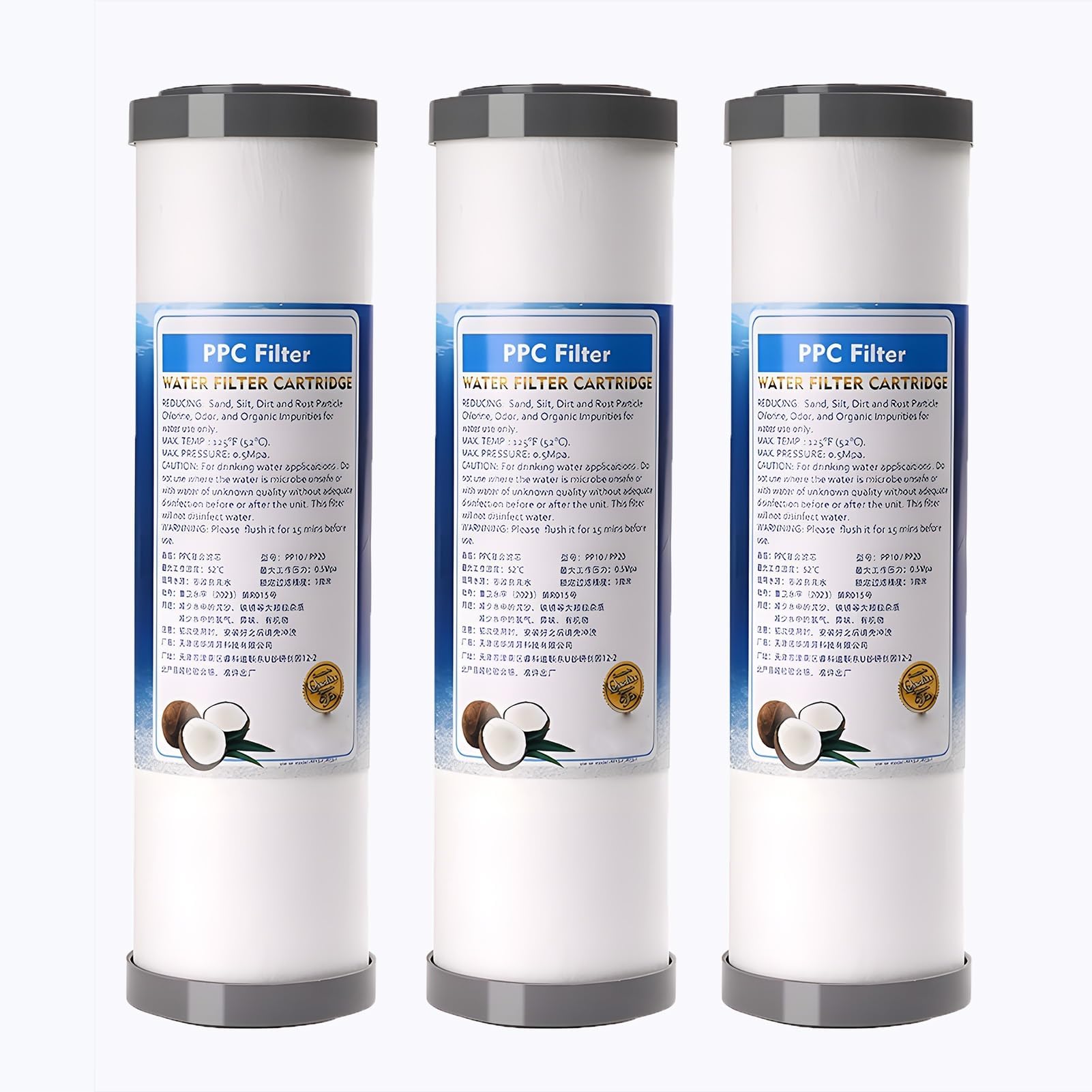 10-inch PPC Composite Filter Element, 1 Micron 2.5" x 10" Carbon Block Water Filter Cartridge, for Whole House Filtration Systems(3pcs)