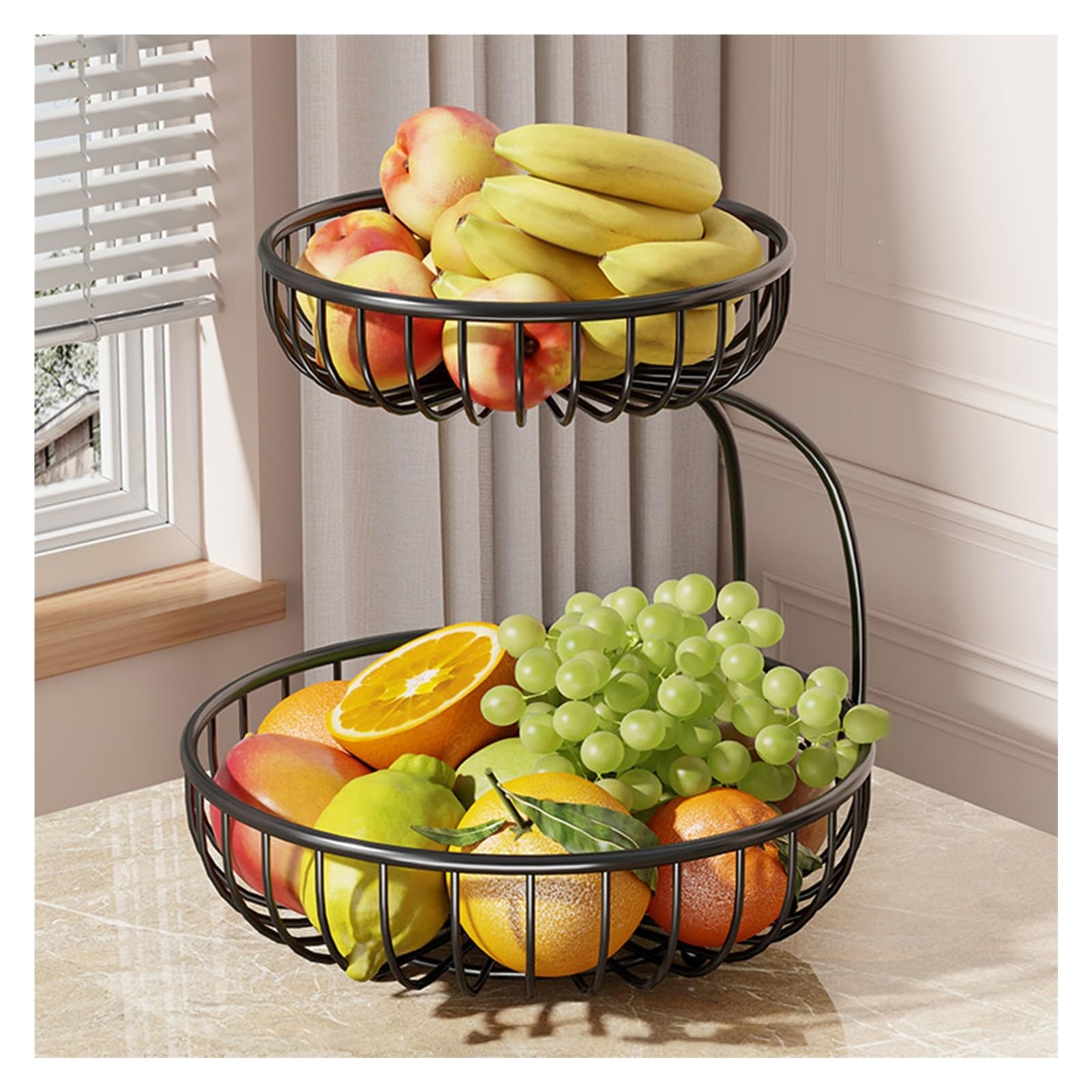 XCSDEW Wrought Iron Fruit Rack,Double-layer Shelf,Openwork Snack Organizer,Suitable for Hotels and Living Rooms(Black,24x24x24cm)