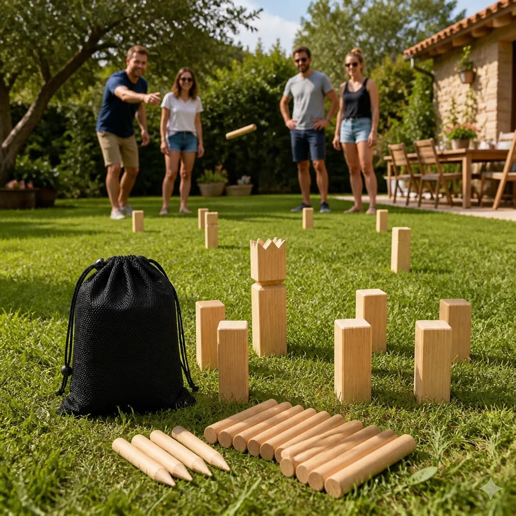Jeu de Kubb Viking en Bois – 21 pièces – Jeu d’adresse d’extérieur pour Jardin – 2 à 12 Joueurs – Filet de Rangement Inclus