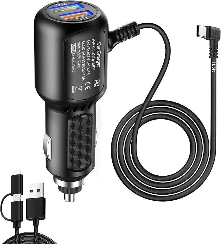 Dash Cam Charger USB C,Type C USB Power Cord,Dual USB Port 11.5FT | Power Cord for Dashcam Supply,Fast Charging Cord Suitable for REDTIGER F7N、Vantrue N4、WOLFBOX etc Dashcam GPS navigators