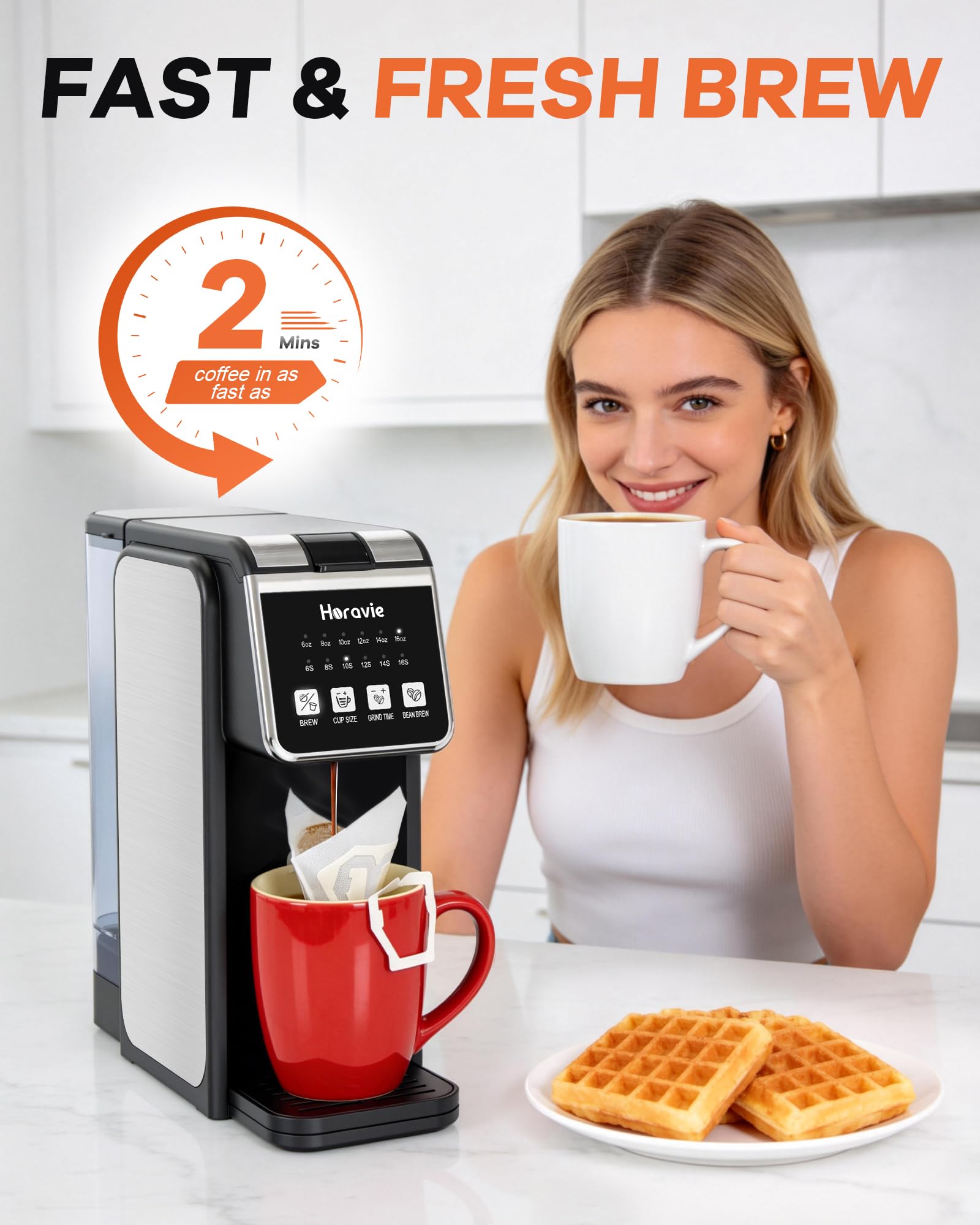 Horavie Single Serve Coffee Maker with Built-in Grinder, Fast Brew 6-16oz Single Cup for Whole Beans, Grounds, K Pod, Grind and Brew Coffee Maker with 47oz Water Tank, Descaling Alert, Black - 4