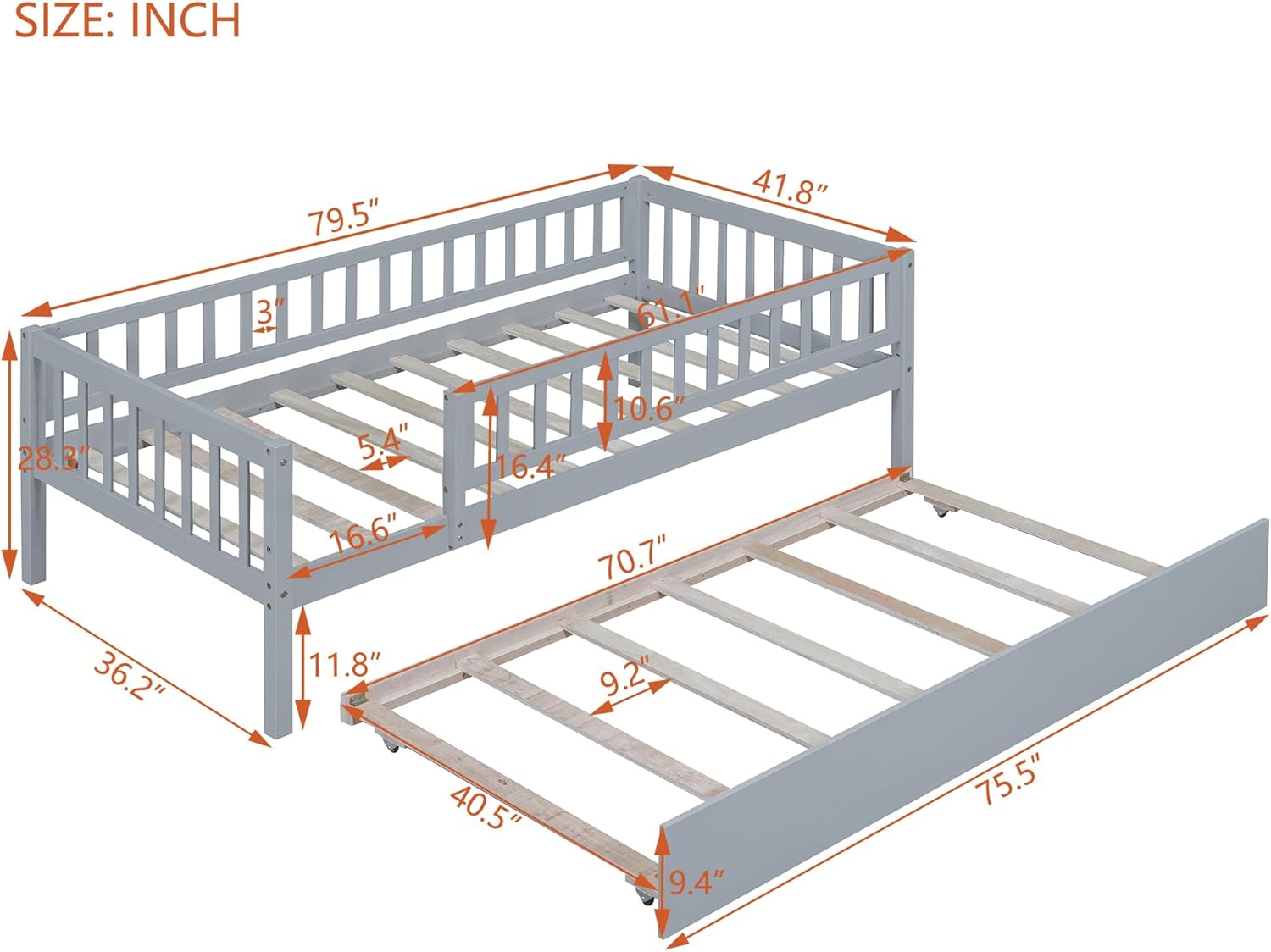 Twin Size Daybed with Trundle and Fence Guardrails, Solid Wood Day Bed Frame with Backrest and Armrest, Modern Sofa Bed Kids Bed for Living Room, Guest Room, No Box Spring Needed, Grey