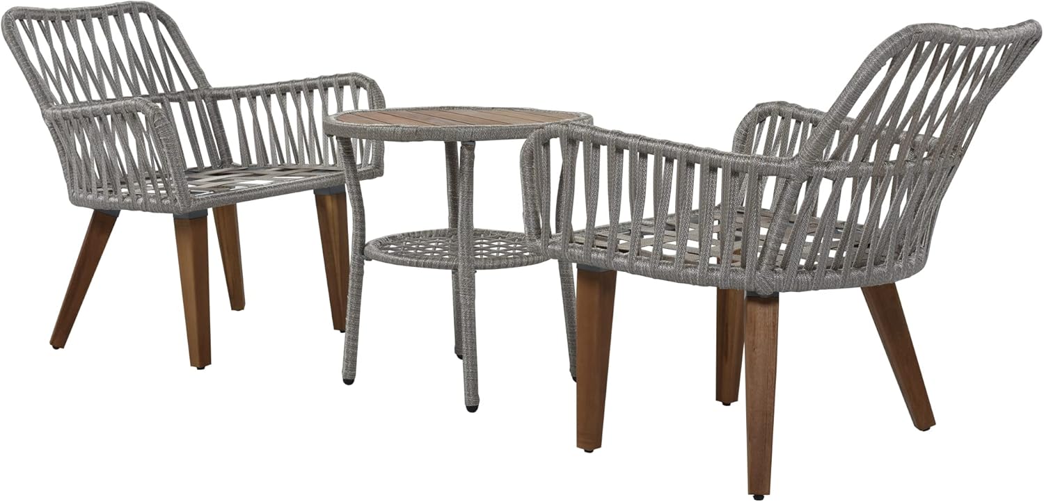 Merax, Gray 3-Piece Outdoor Patio Bistro Set Rope Conversation Chairs with Wood Tabletop and Cushions for Porch Balcony Yard Lawn, Beige, 2 1 Table : Patio, Lawn & Garden