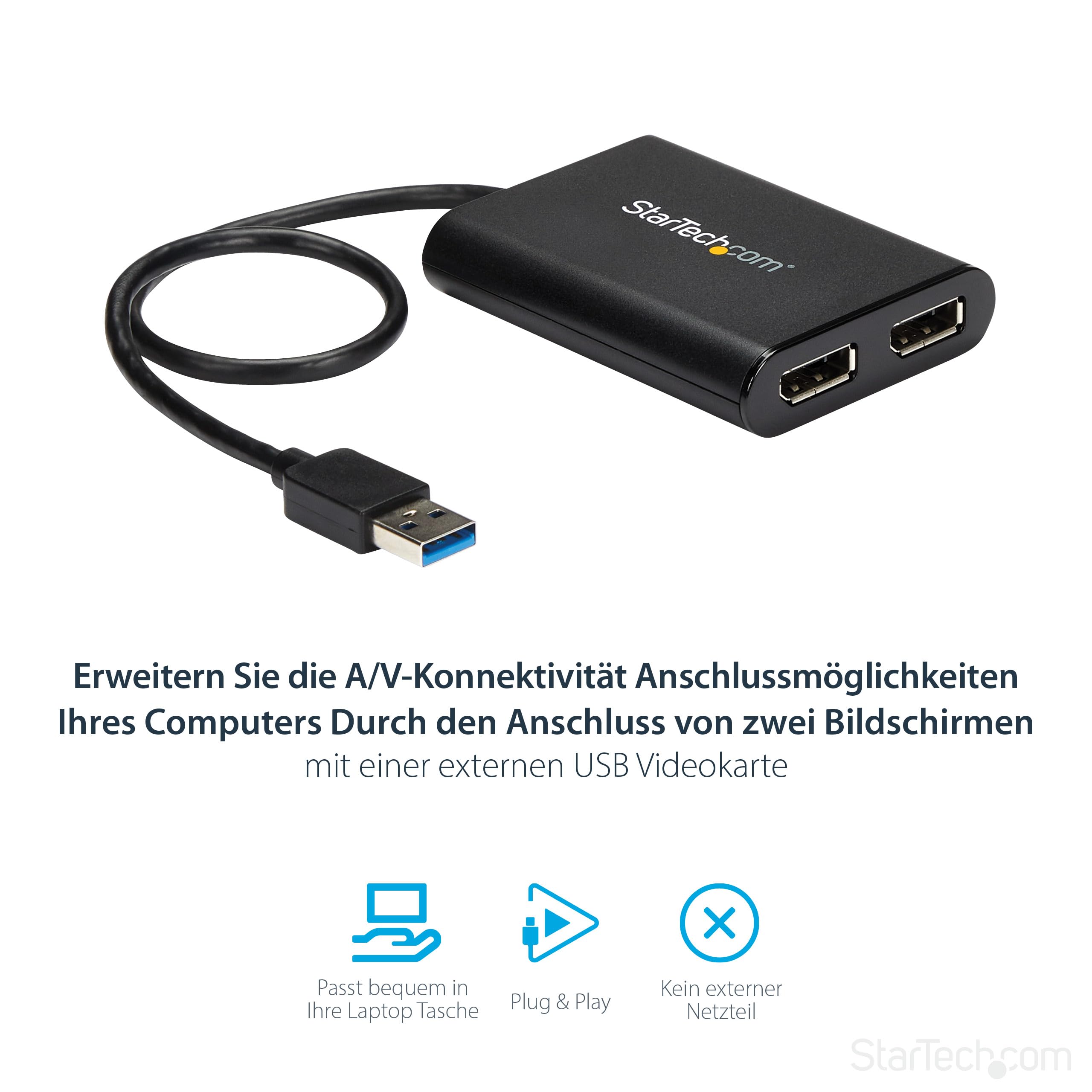 StarTech USB 3.0 auf Dual DisplayPort Adapter, 4K 60Hz (USB32DP24K60) | DisplayLink zertifiziert, Dual Monitoradapter, USB-betrieben, Für Mac und Windows, 5Gbit/s