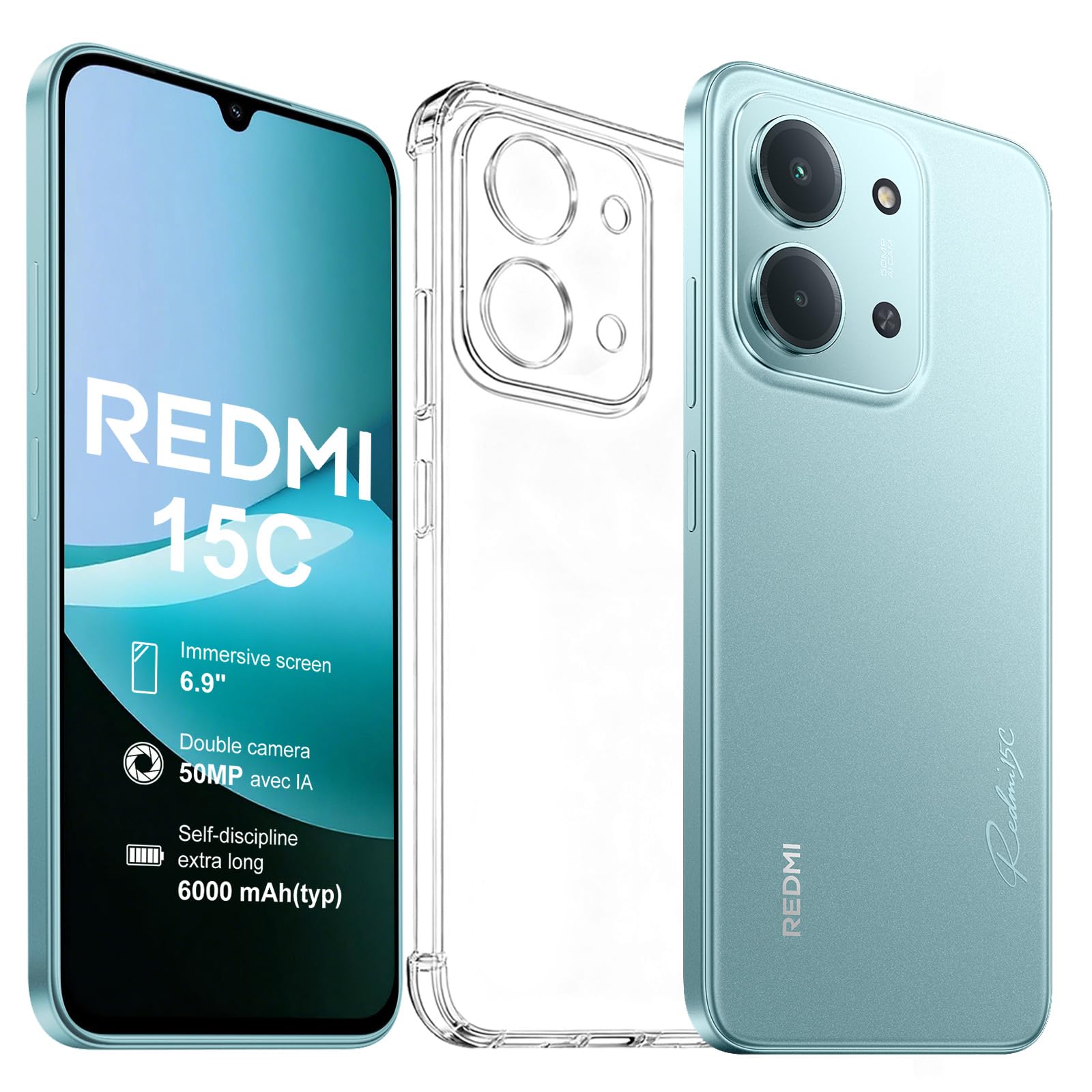 XIAOMI Redmi 15C 4+128GB Smartphone, Display 6.9" HD+ 120Hz, Batteria 6000mAh, Fotocamera 50MP, Processore Octa-Core, Senza Caricatore-Verde menta, (Include Custodia Protettiva)