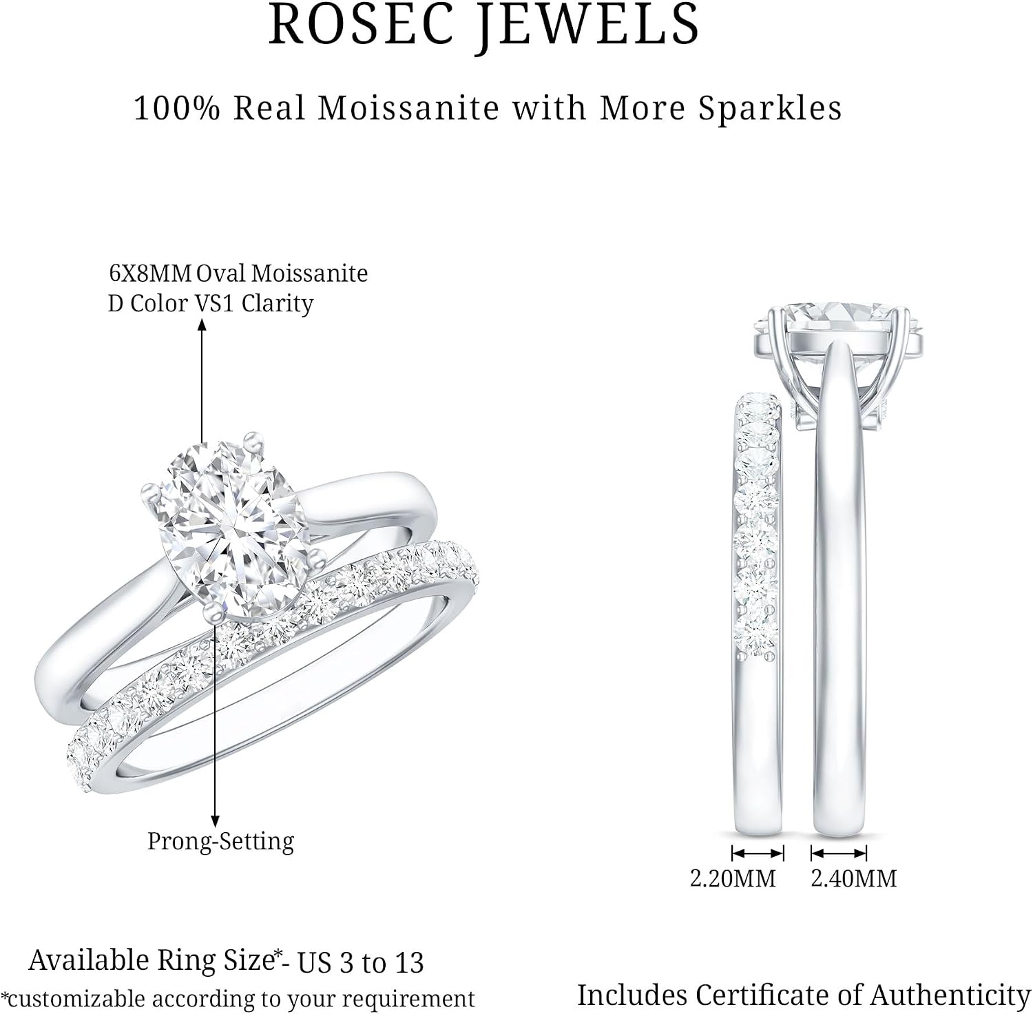 Certified 1.8 Carat Moissanite Bridal Ring Set, D-Vs1 Quality, Moissanite Engagement Ring With Band - Mothers Day Gift
