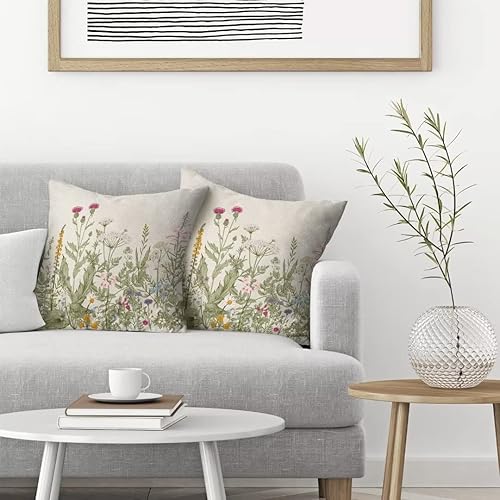 Miniatura 3 de AEIOAE Juego de 2 fundas de almohada de primavera de 18 x 18 pulgadas, fundas de almohada verdes con flores silvestres de granja para exteriores,