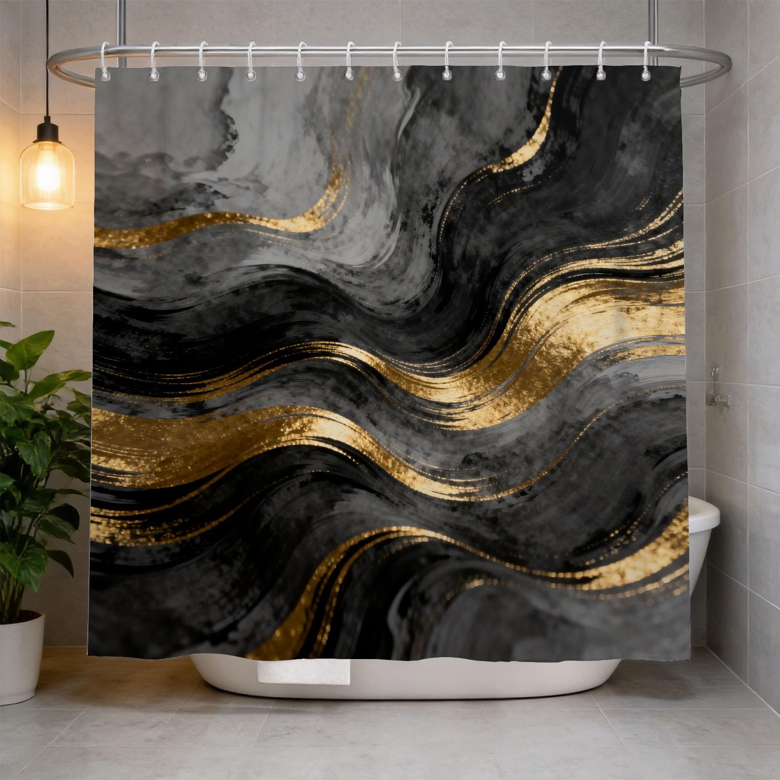 Hongduo 3D Gilded Wave Pattern Shower Curtain for Stalls Bathtubs Abstract Bathroom Decor Shower Curtain Set Polyester Fabric Waterproof 120x180cm/48X71 Inch with Hooks