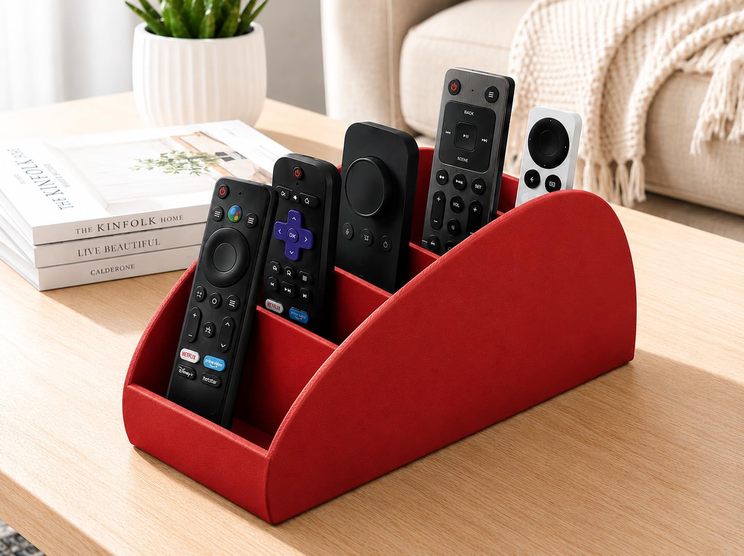 Gaura Labs Remote Control Holder, Durable Storage Caddy for TV/AC Remotes, Reading Glasses & Office Supplies, Space-Saving Organizer for Nightstand, Office Desk, Living Room (Red)-image-10