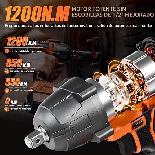 Miniatura 2 de Llave de impacto inalámbrica, pistola de impacto sin escobillas de 1/2 pulgada de 900 pies-libras (1200 N.m), destornillador de impacto de potencia