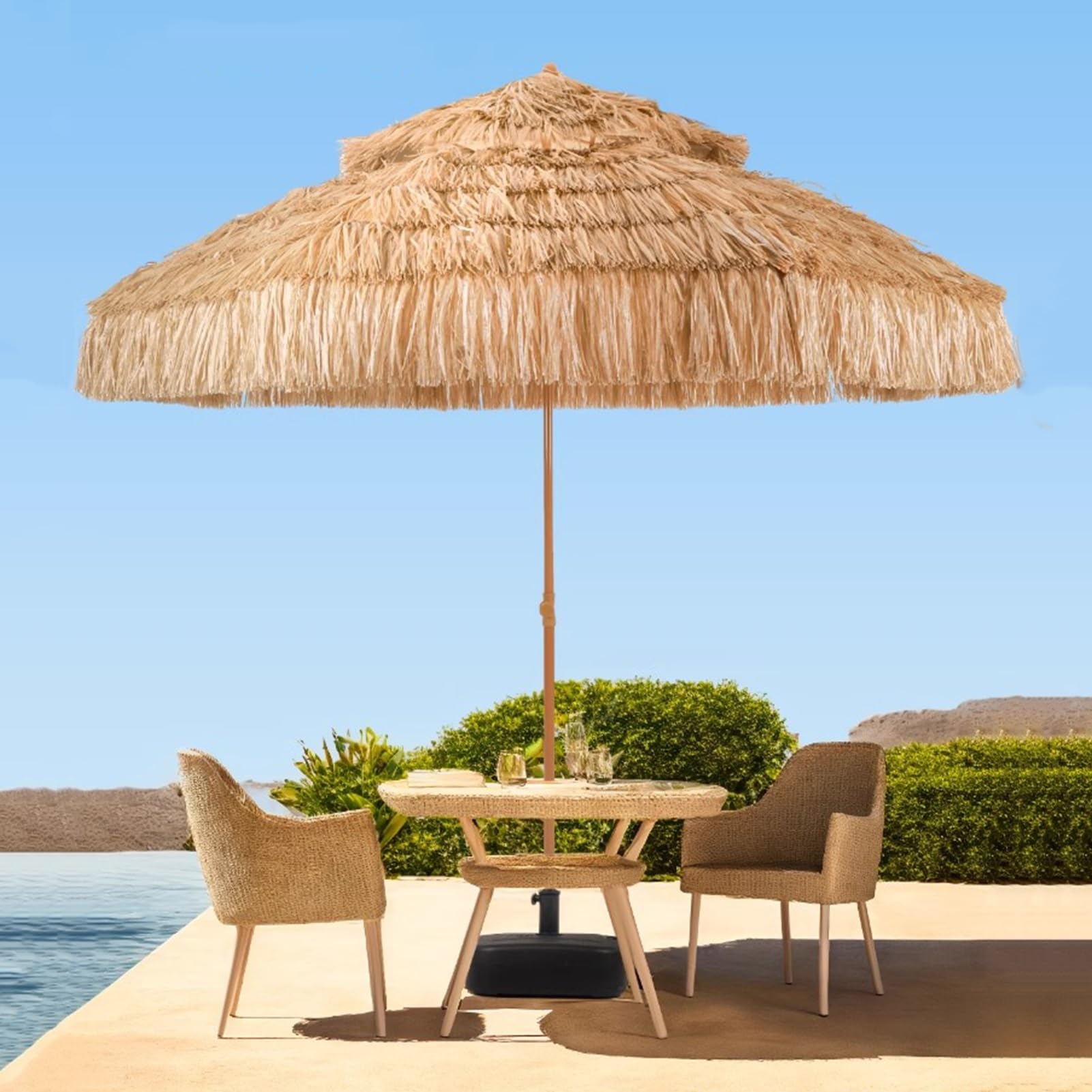 Parasol Tiki 2 Poziomami Strzechy, Parasol Ogrodowy na Hawajach z 8 Żebrami, Składany Parasol Plażowy, Ochrona Przed Słońcem Hydrofobowy