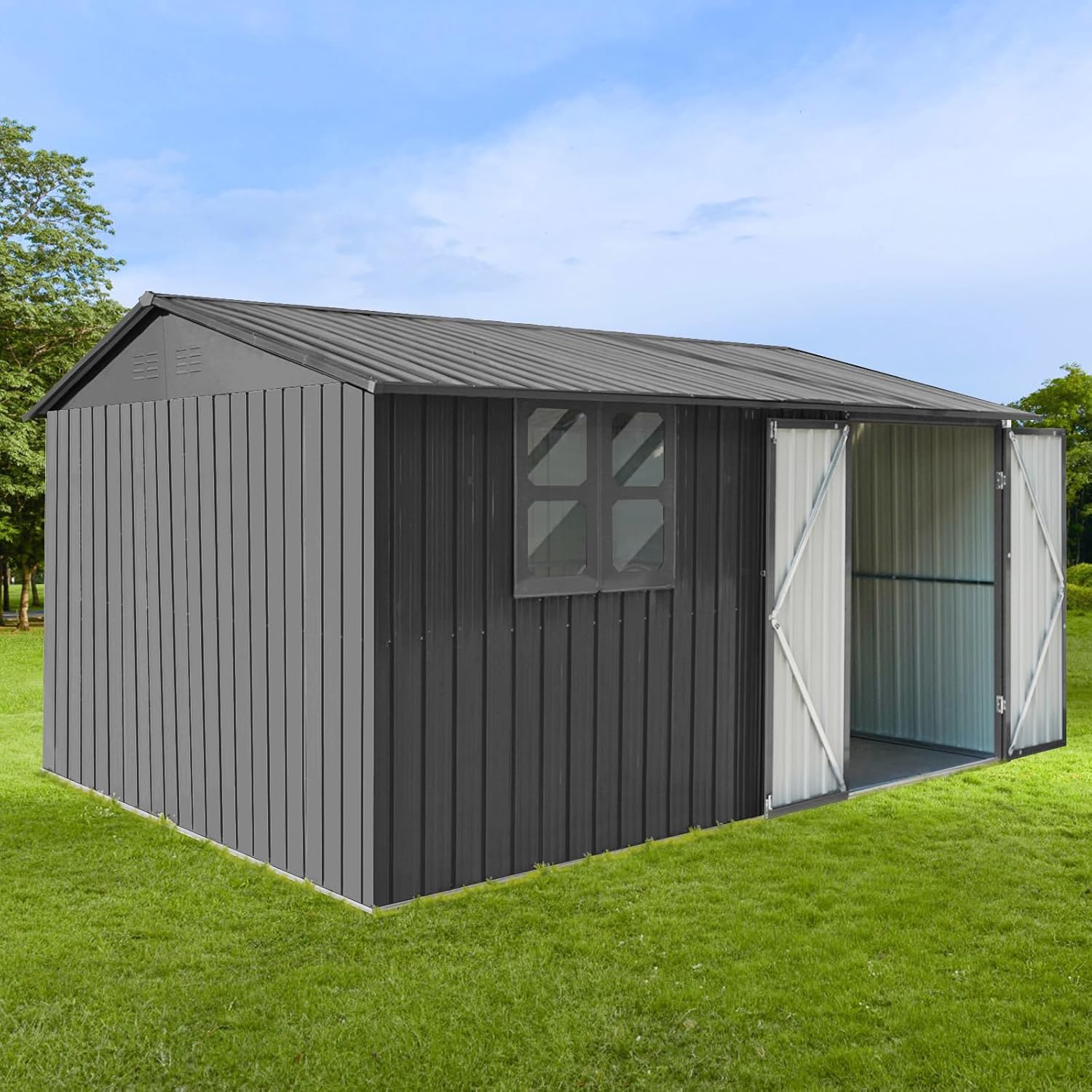 Sheds 12FT x 10FT Outdoor with Window & Storage Clearance, Metal Anti-Corrosion Utility Tool House with Lockable Door & Shutter Vents, Waterproof Garden Shed for Backyard Lawn Patio