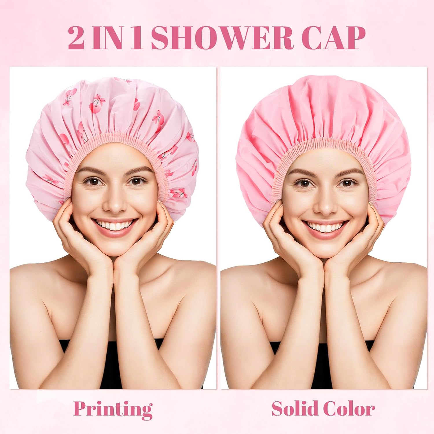 Pengxiaomei Large Double-Sided Shower Cap for Women, 2-in-1 Reusable Waterproof Cherry Print Bath Cap Pink Gifts for Women Girls Long Thick Hair