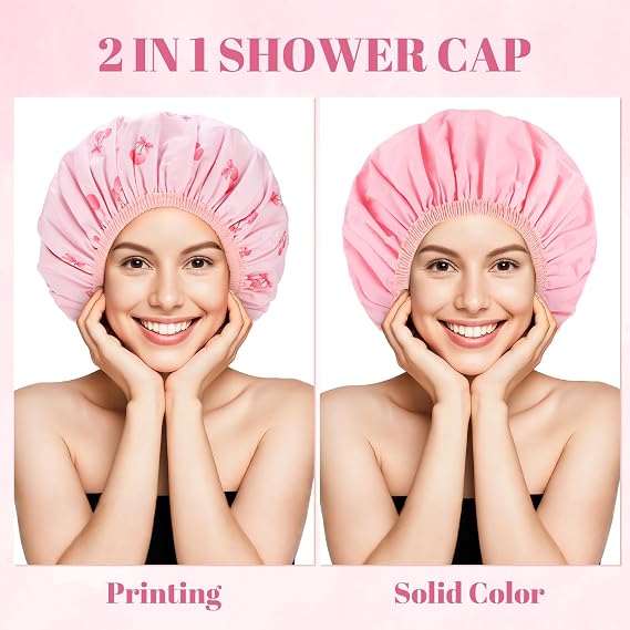 Pengxiaomei Large Double-Sided Shower Cap | 2-in-1, Reversible, Waterproof, Cherry Print, Pink Gifts for Women Girls Long Thick Hair