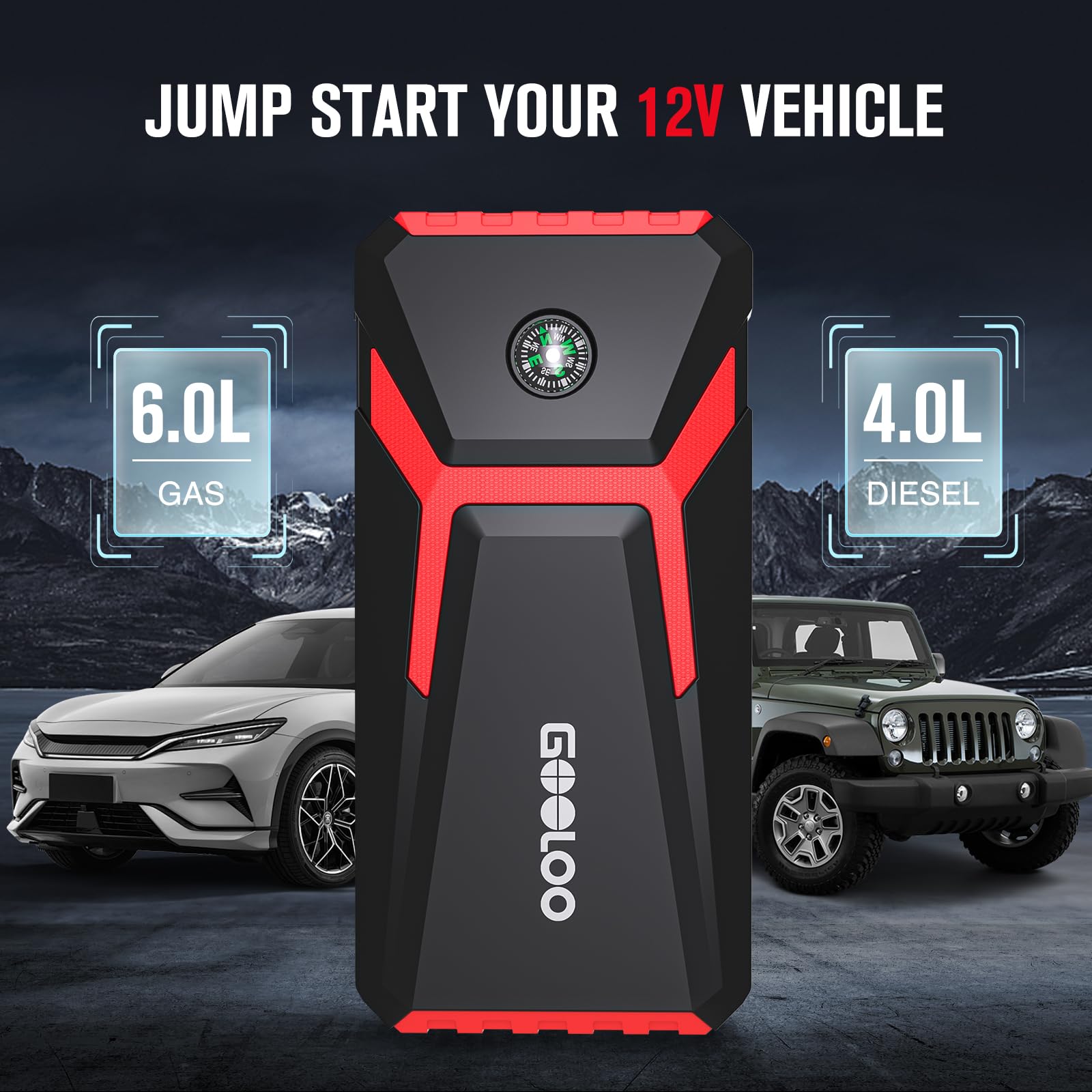 GOOLOO GE2000 Avviatore Batteria Auto, Supersafe 2000A 12V Booster Avviamento Auto Portatile Avviatore Emergenza per Auto/Moto Adatto per 6L Benzina e 4L Diesel