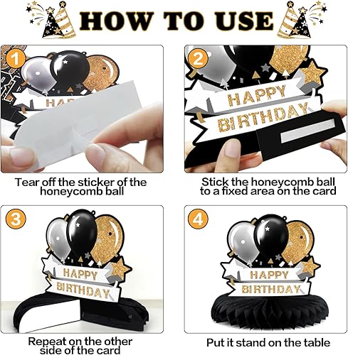 Miniatura 3 de Juego de centros de mesa de papel negro y dorado con texto en inglés "Happy 50th Birthday", 8 piezas de globos de estrella de 50 años, letrero de