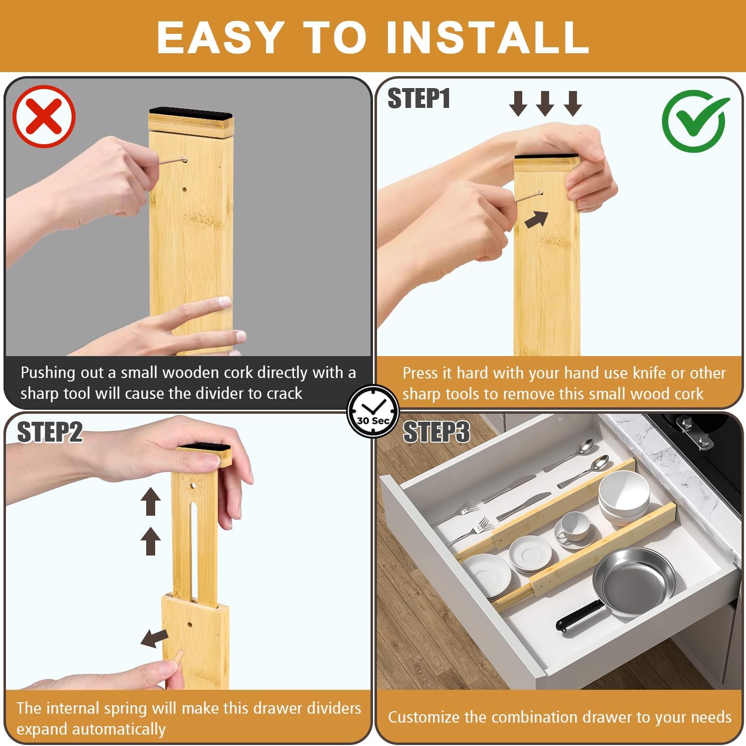 6 PACK Bamboo Drawer Dividers with Labels, Kitchen Drawer Organizers, Expandable Organization for Kitchen Bedroom Bathroom Dresser Office (Natural, 17-22 in)
