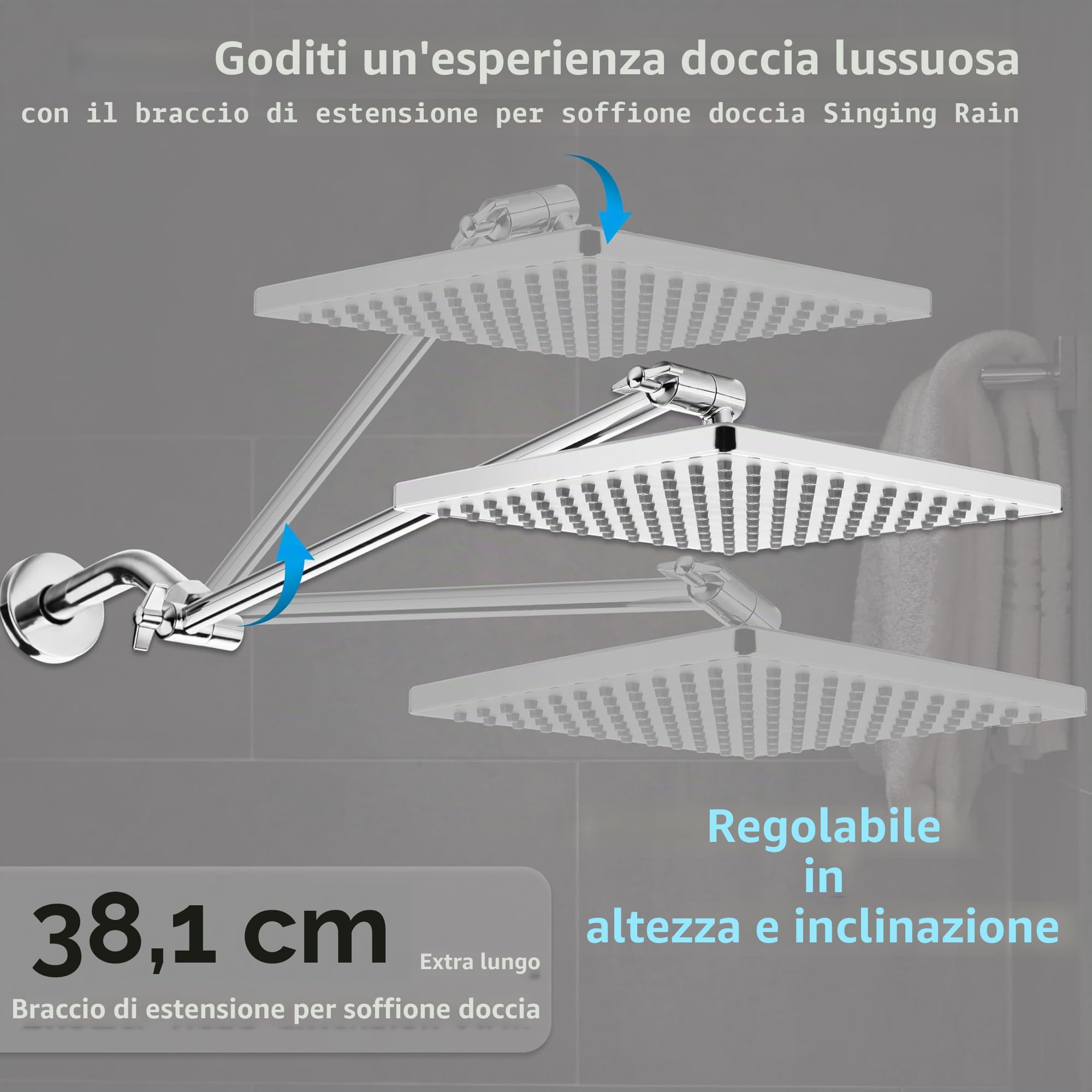 Soffione doccia a pioggia da 20,3 cm con braccio di estensione da 38,1 cm abbinato, soffione quadrato fisso con superficie ampia, extra lungo in altezza e angolazione regolabili, braccio
