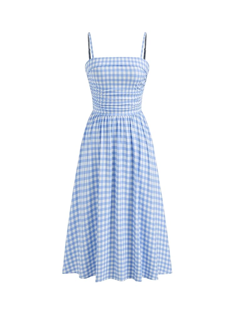 ミストレアス GinghamCheck HeartNeckTieredDress CIDER Women's Summer Gingham Midi Dress Sleeveless Ruched