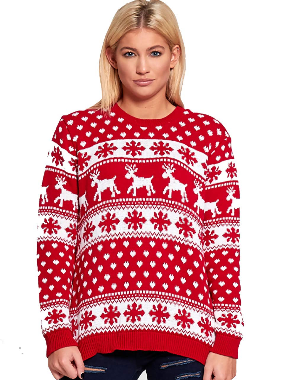 Divadames Women's J10051 (Red) Christmas Jumpers Xmas Jumpers Winter Knitwear Reindeer Xmas Jumper Snowflake Jumper Slogan Jumpers Pom Pom Rudolph Jumper Uk Sizes (8/10, )