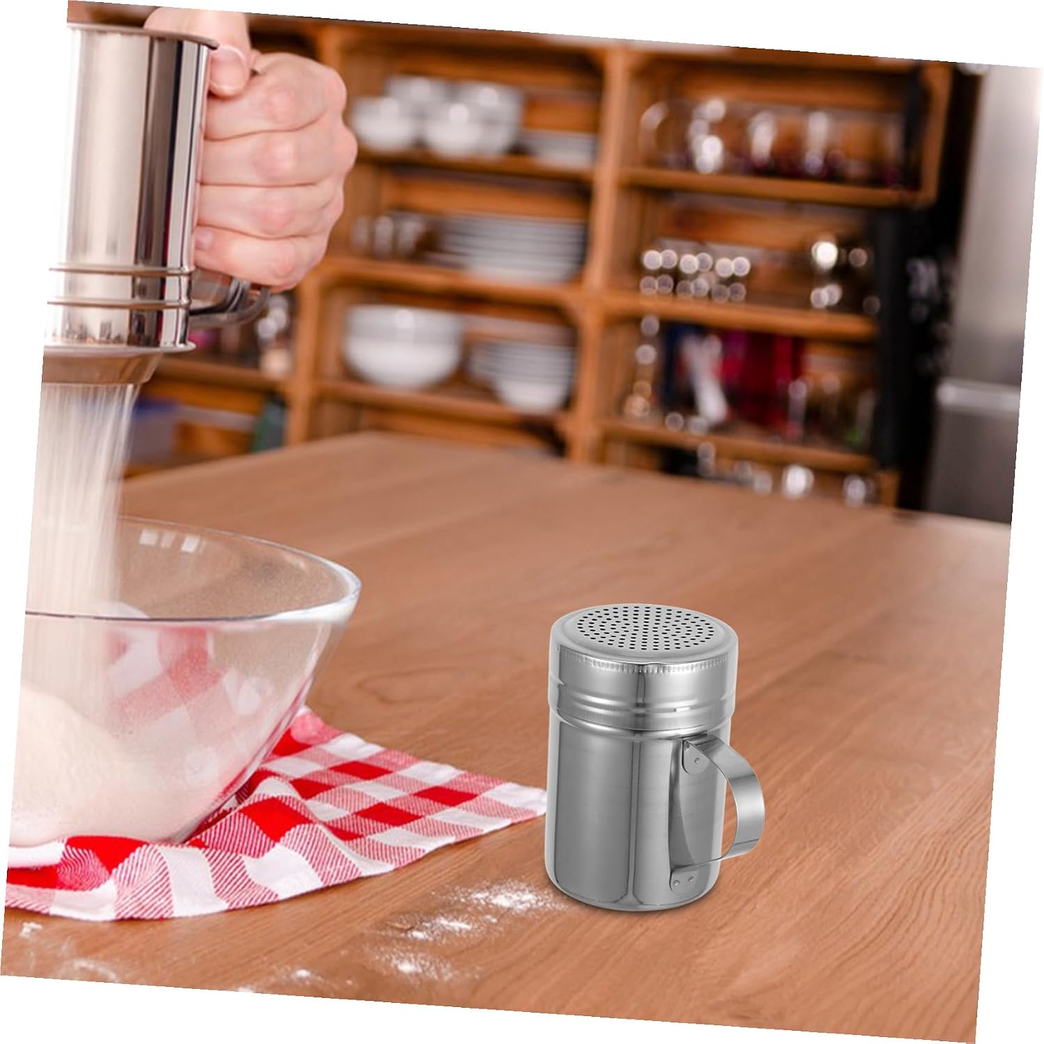 SHINEOFI Stainless Steel Flour Duster with Ergonomic Handle Material Baking Shaker for Powdered Sugar Cinnamon Cocoa Pepper Medium with Small-Hole Spice Shaker