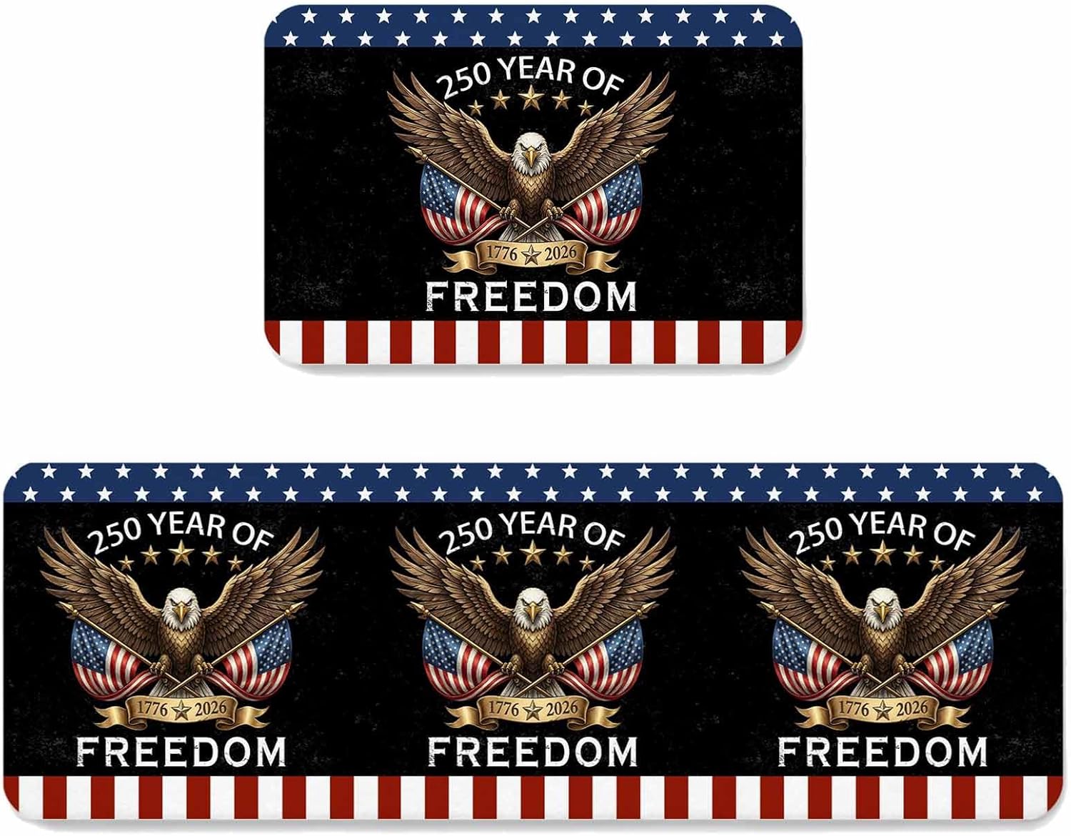 Independence Day Kitchen Mats Set of 2 American 250 Years of Freedom Bald Eagle Non Slip Mat Washable Floor Rug for Kitchen Sink Floor Laundry, 19.7"x31.5"+19.7"x63"