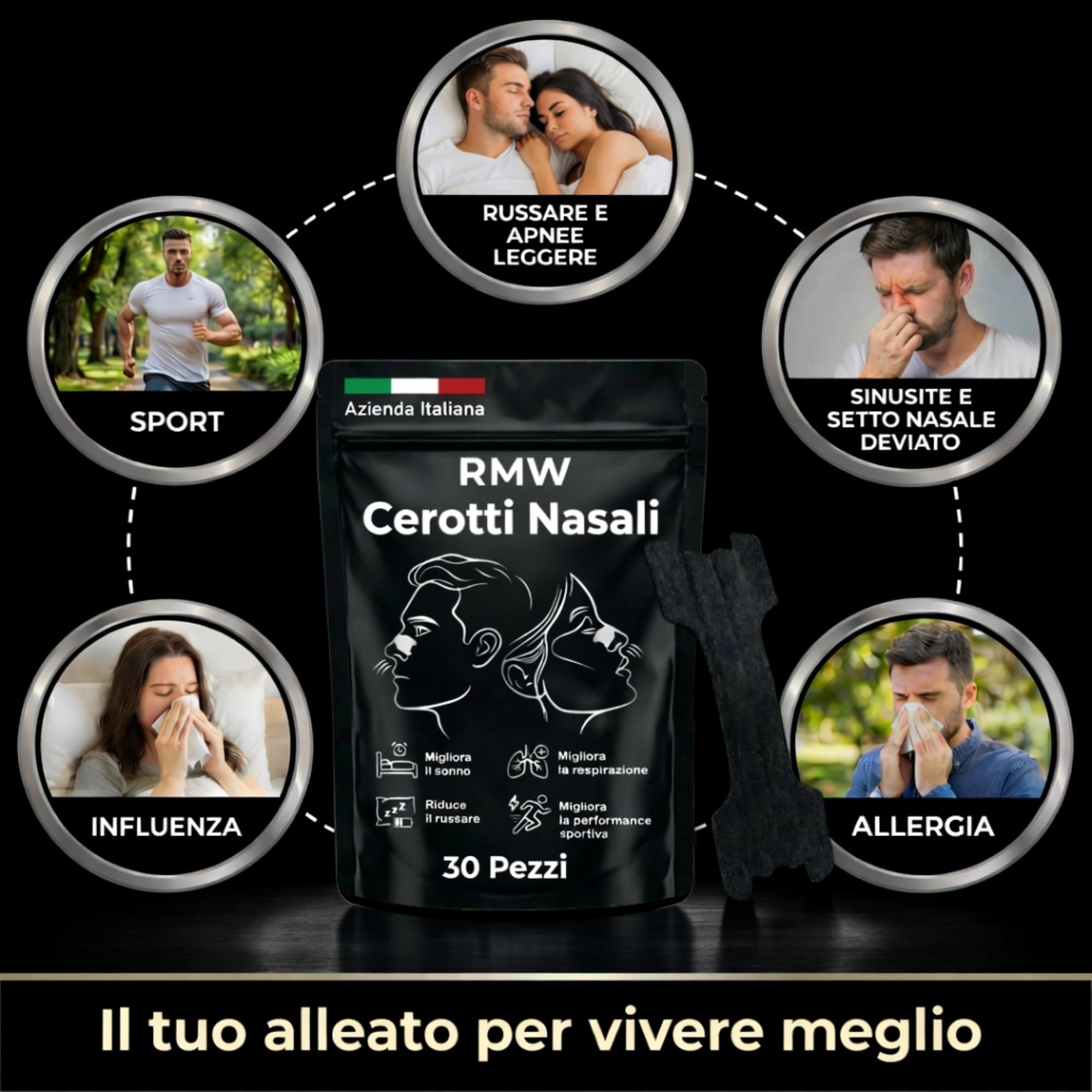 Cerotti Nasali Anti Russamento Uomo e Donna. 30 Cerotti Nasali Antirussamento Qualità Superiore. Cerotti Nasali Sport Respira Bene, Dimensioni Universali. Tenuta extra,Marca Italiana.(Nero)