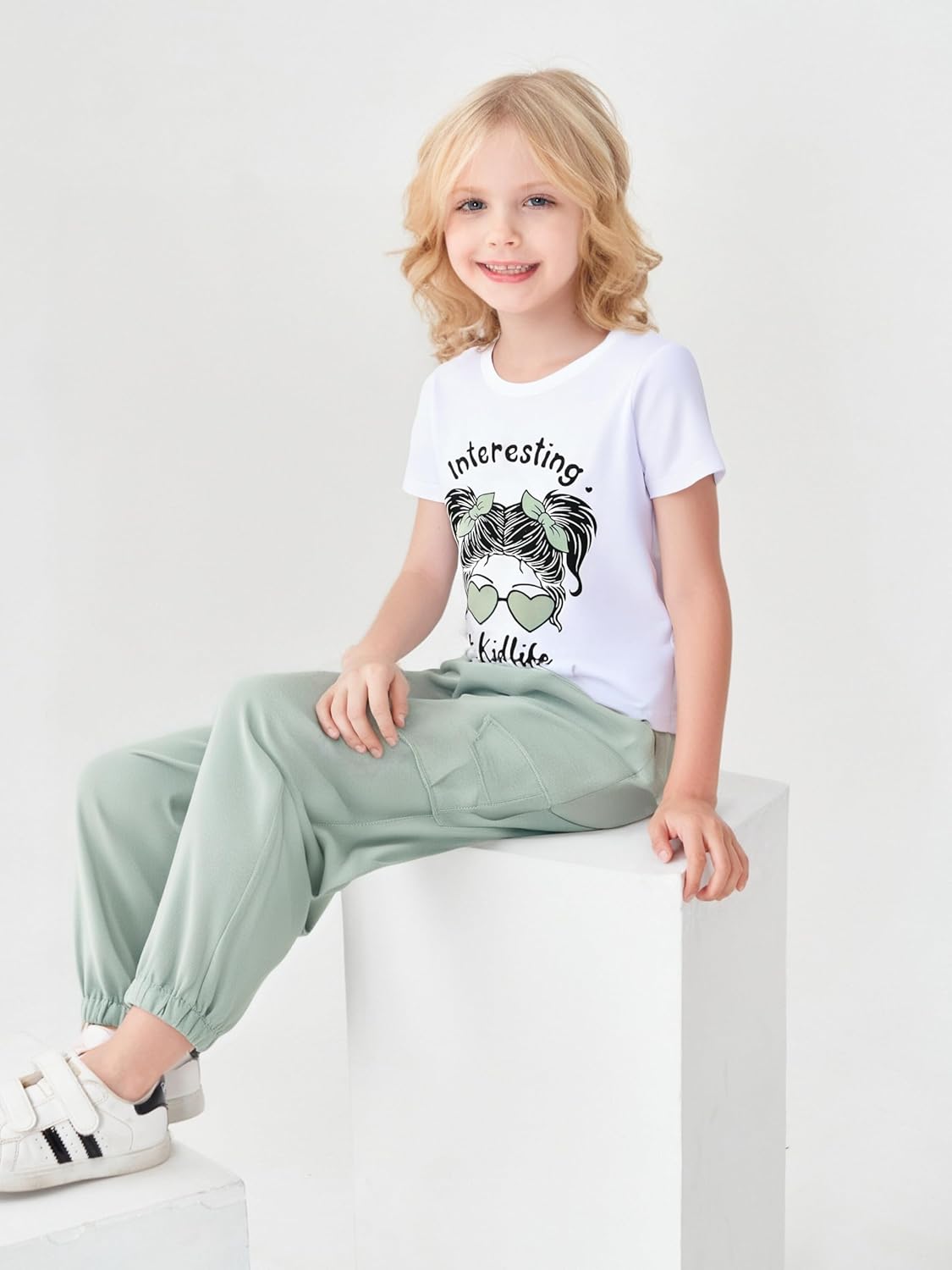 Kid Girl Clothes Outfits Figure Letter Graphic Tee Top + Flap Pocket Pants 2PC Spring Summer Clothing Set Green 4-5T image 5 of 9 B0DQ1SSB66