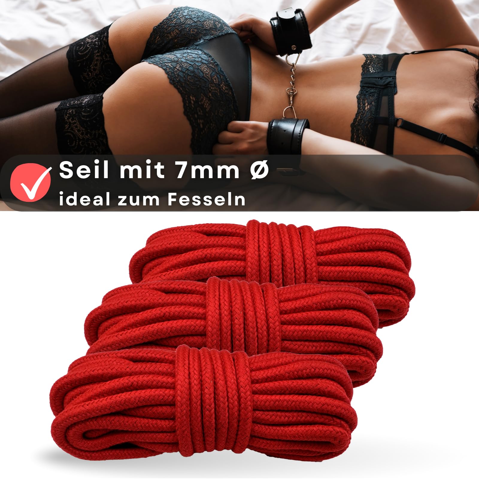 Set di corde per bondage 3 x 10m in rosso in cotone, morbide ed elastiche - Lovelyness