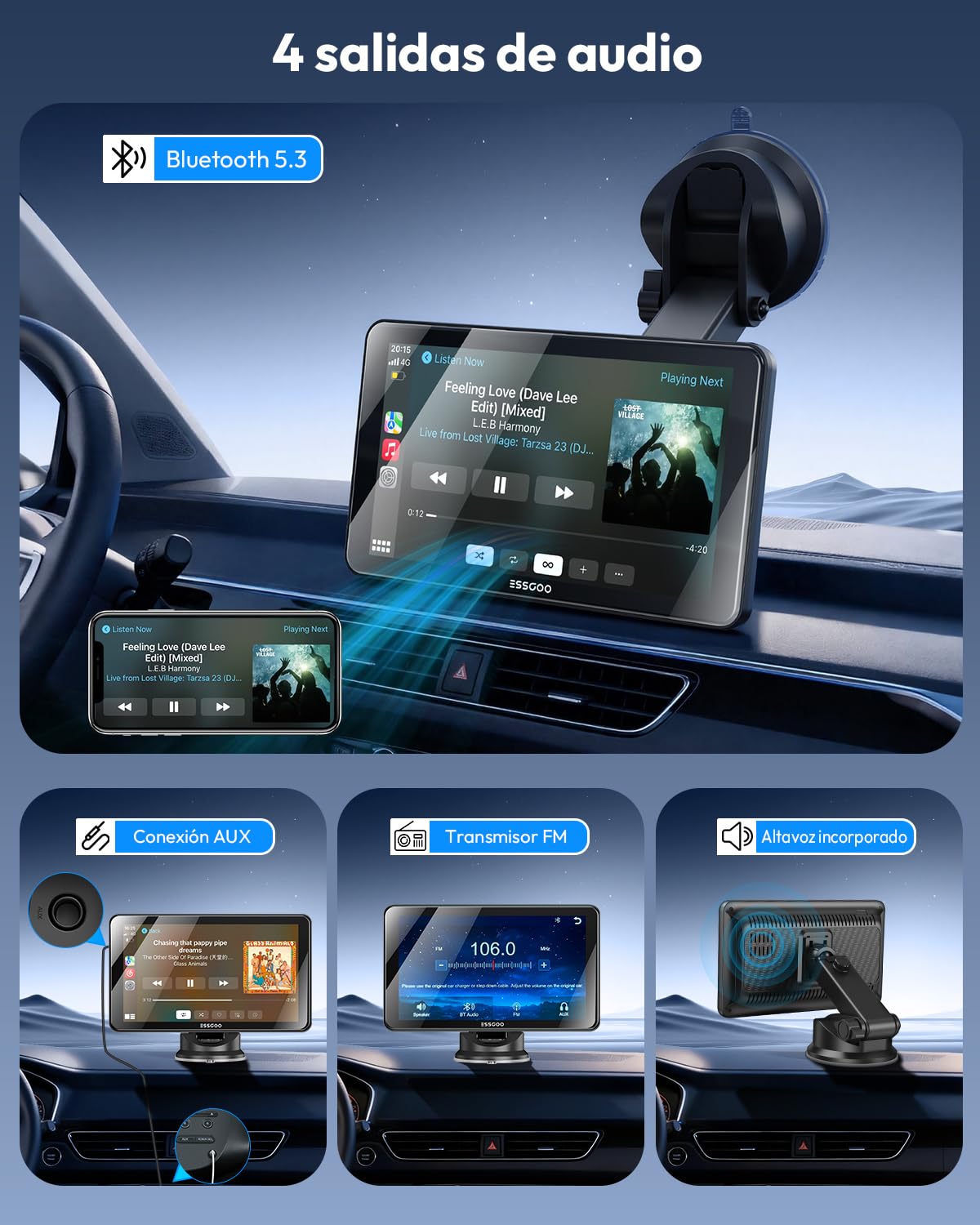 ESSGOO 7 Pulgadas Pantalla Carplay Coche Android Auto con Cámara de Reversa