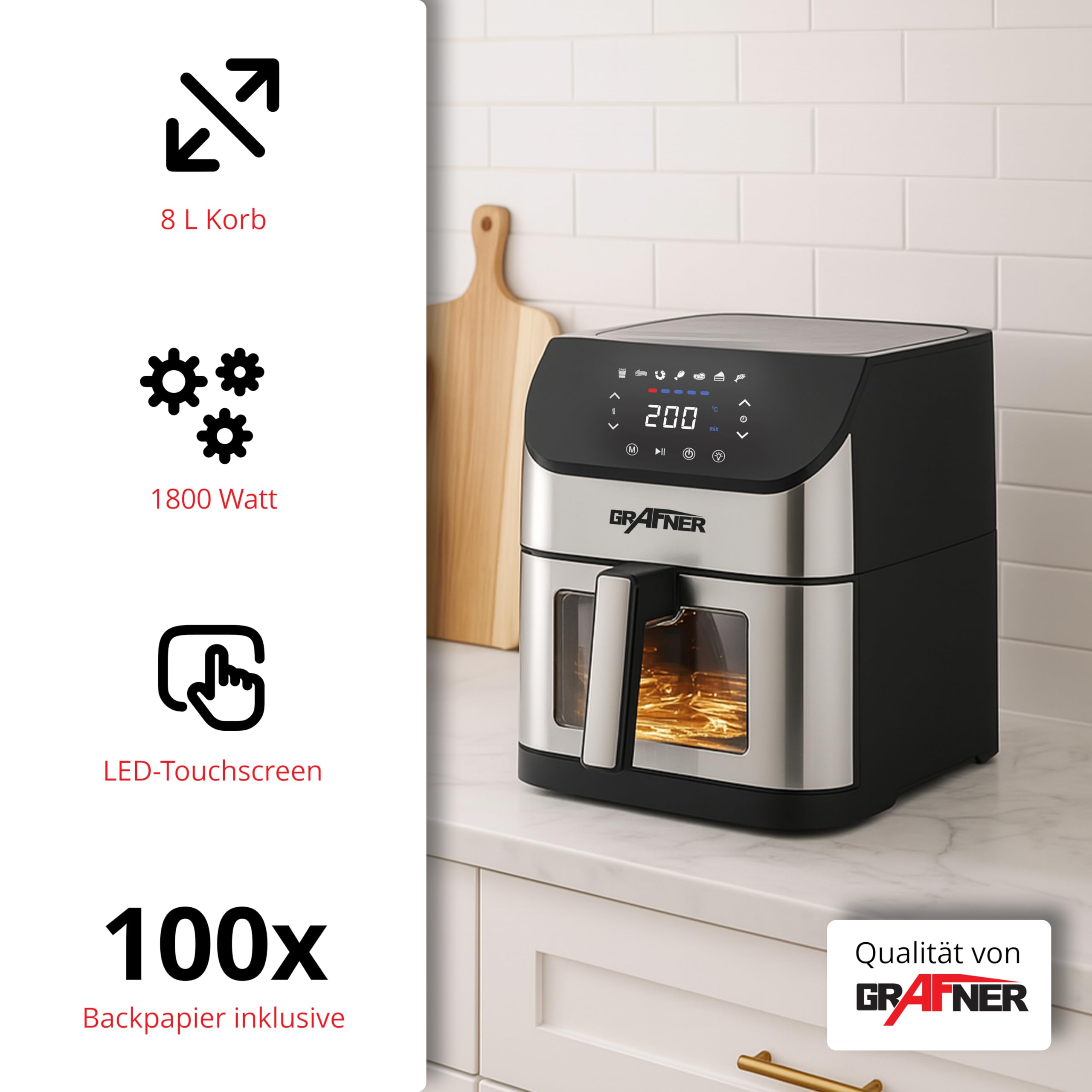 Grafner XXL Digitale Heißluftfritteuse 8 L, 100x Backpapier, LED Touchscreen, 7 Programme, 1800 Watt, Sichtfenster, Antihaft-Beschichtung, Fritteuse ohne Fett ölfrei, Edelstahl Air Fryer Friteuse