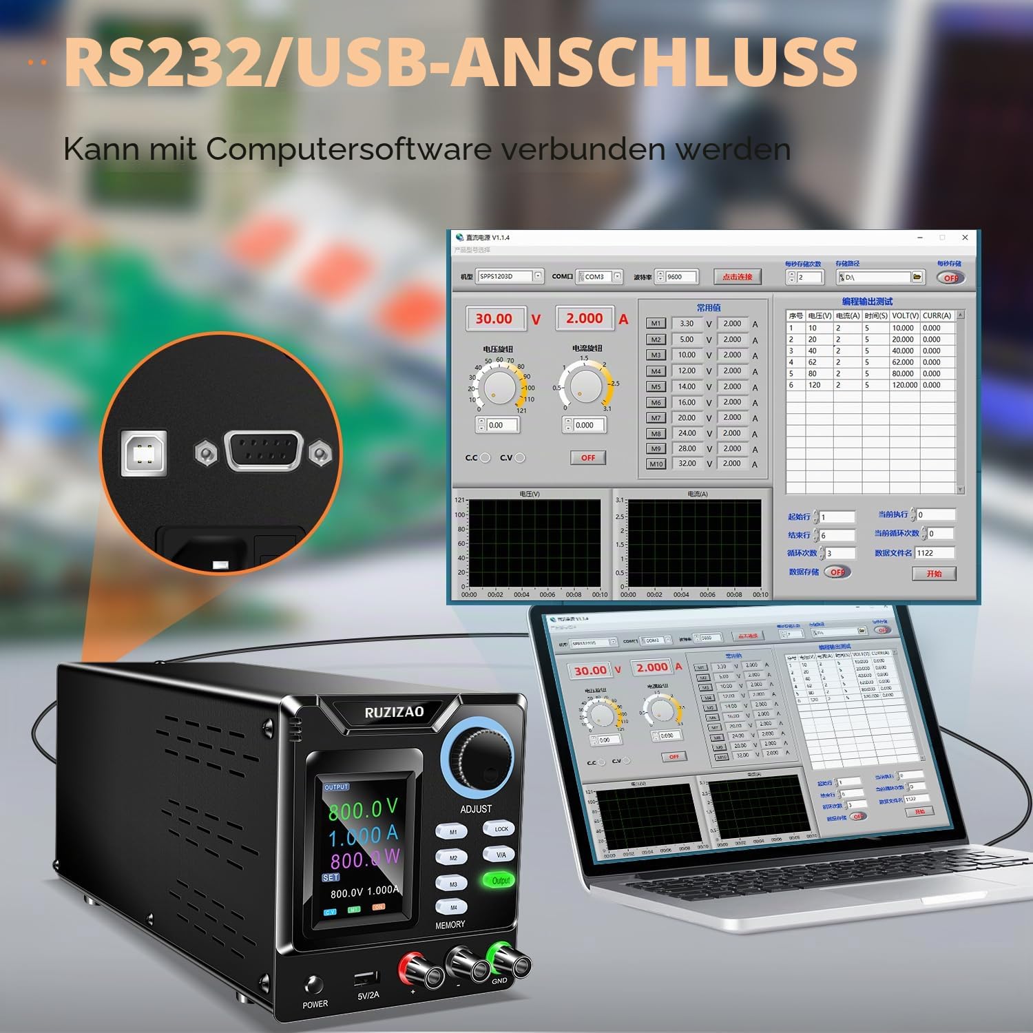 Labornetzteil 800V 1A, Programmierbares Hochspannungs-Labornetzgerät DC Regelbar Netzgerät mit Ausgangsschalter und Speicherfunktion, Schaltnetzteil Encoderknopf, PC Software, LED Farbdisplay