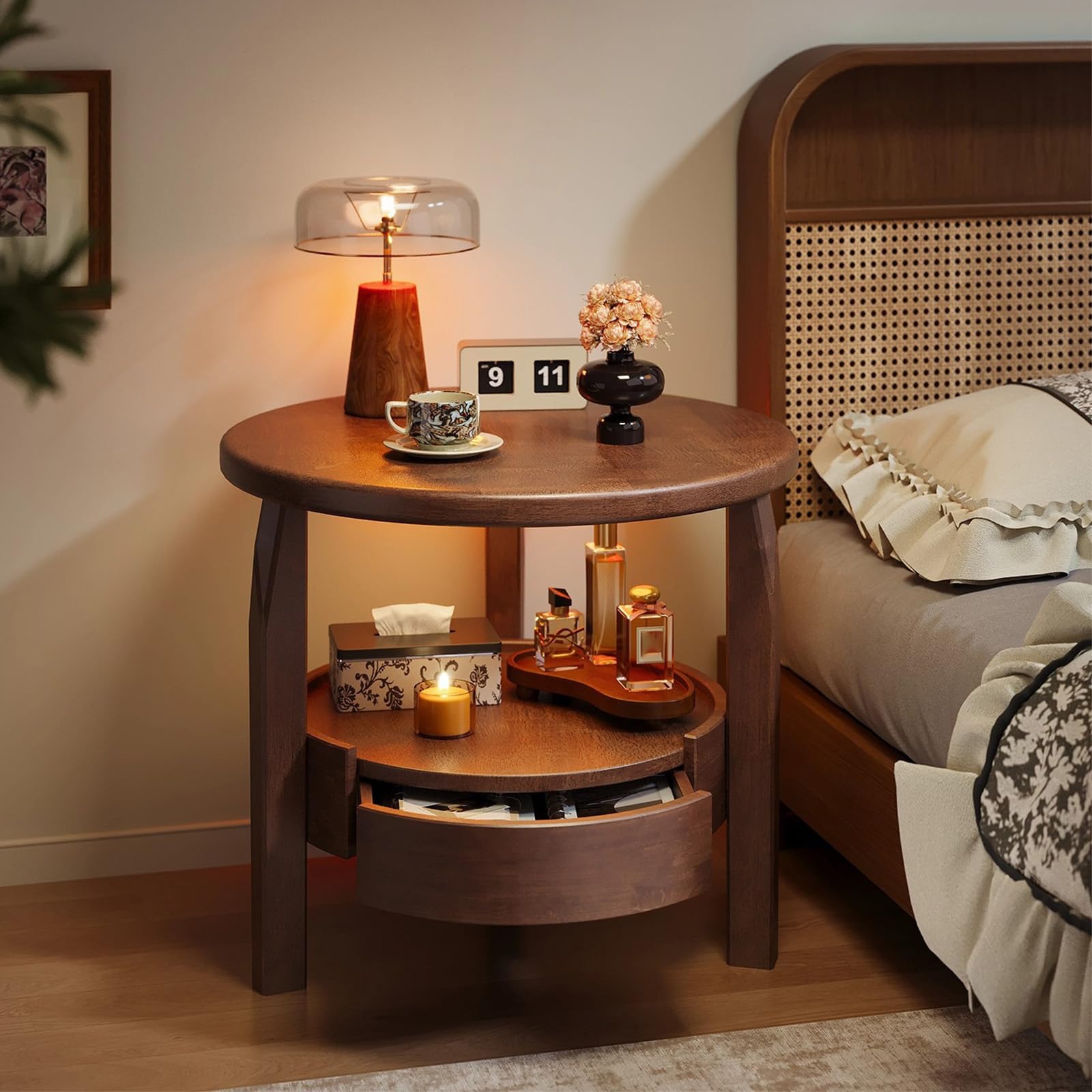 SXZenSpace Round Coffee Table with Hidden Drawer, End Storage, Living Room Small Bedside Table, Rustic Circular Sofa Side for Bedroom Study, Brown, 58cm