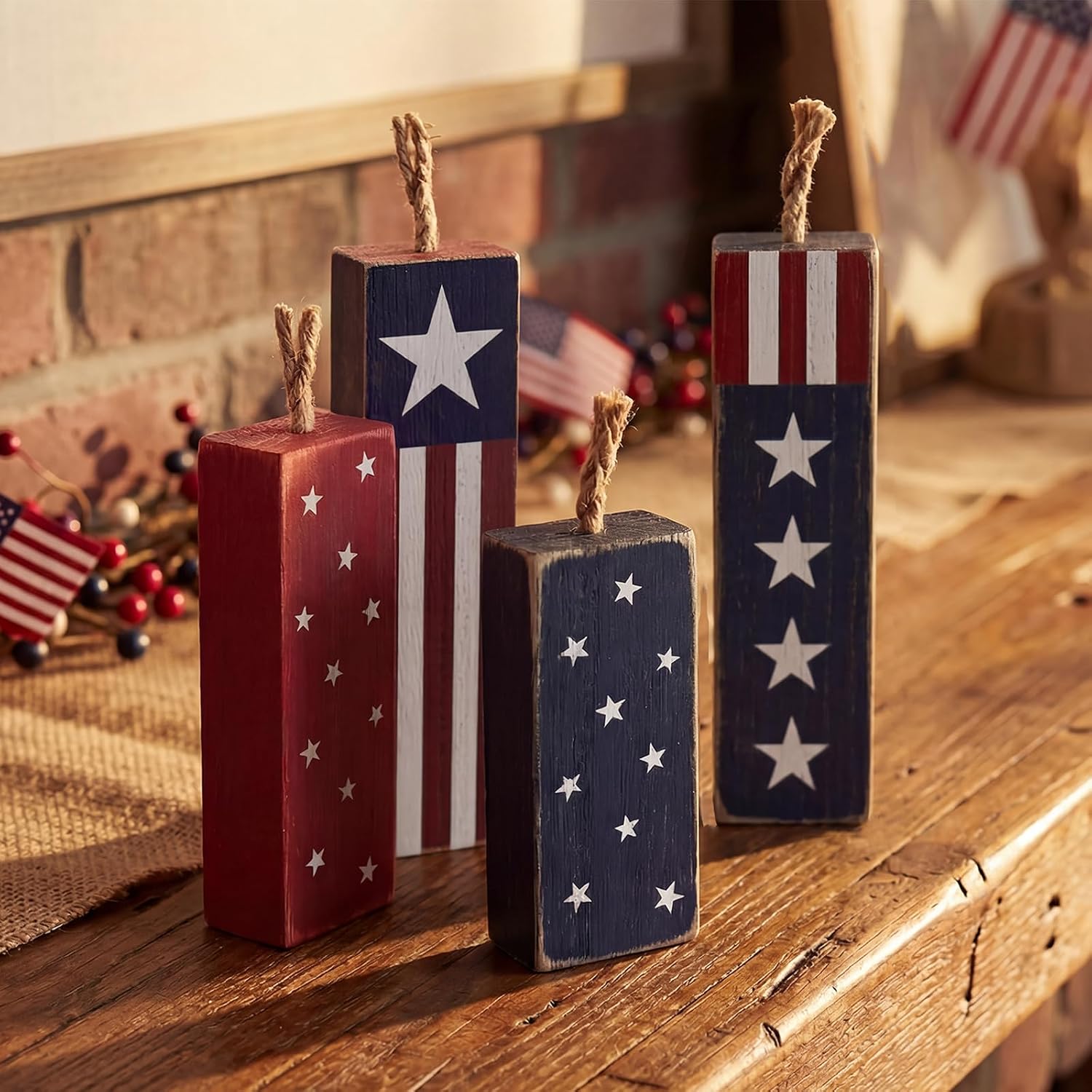 4th of July Decorations, 4Pcs Red White and Blue Decorations, Rustic Patriotic Decorations for Memorial Day, Retro Patriotic Decor Tiered Tray Decor, Fourth of July Decor for Home Office Shelf