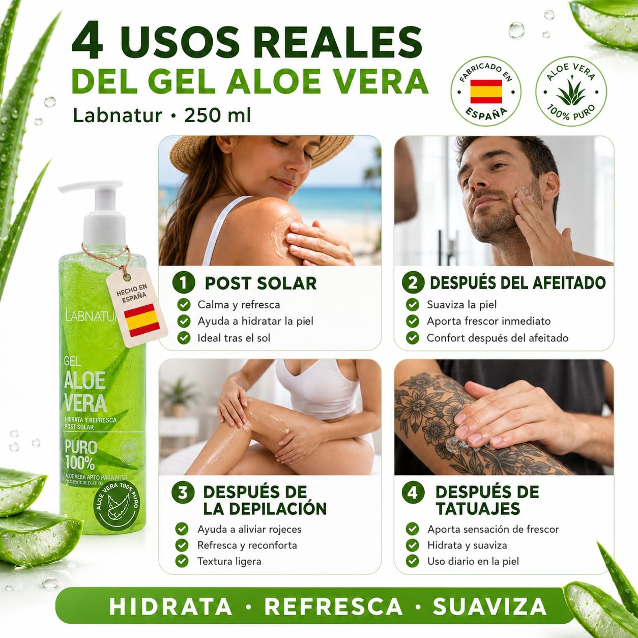 Labnatur Gel ALOE VERA 100% PURO - Ecológico y Vegano - Hidrata, Nutre, Calma y Refresca - After Sun, Post Depilación - Piel Sensible o Irritada - Rápida Absorción - Fabricado en España - 250 ml